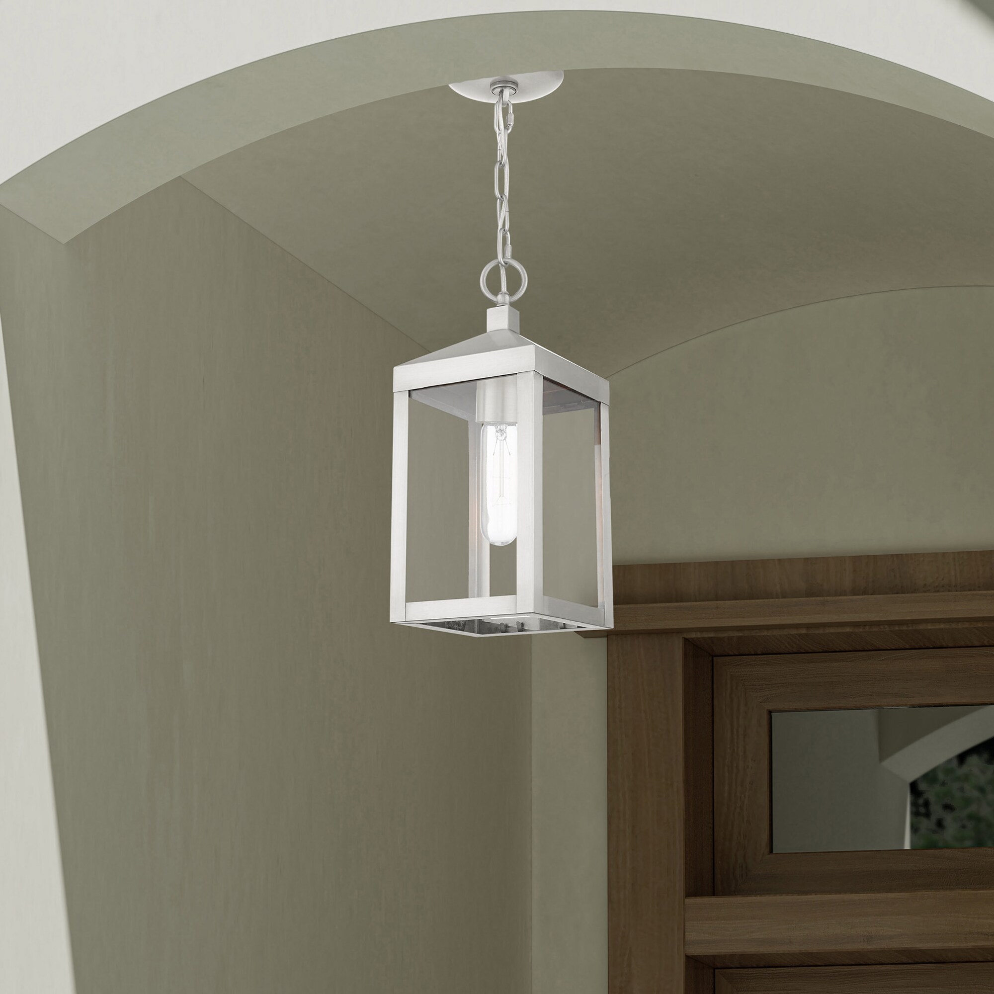 Brushed Nickel Outdoor Pendant Lantern with Clear Glass