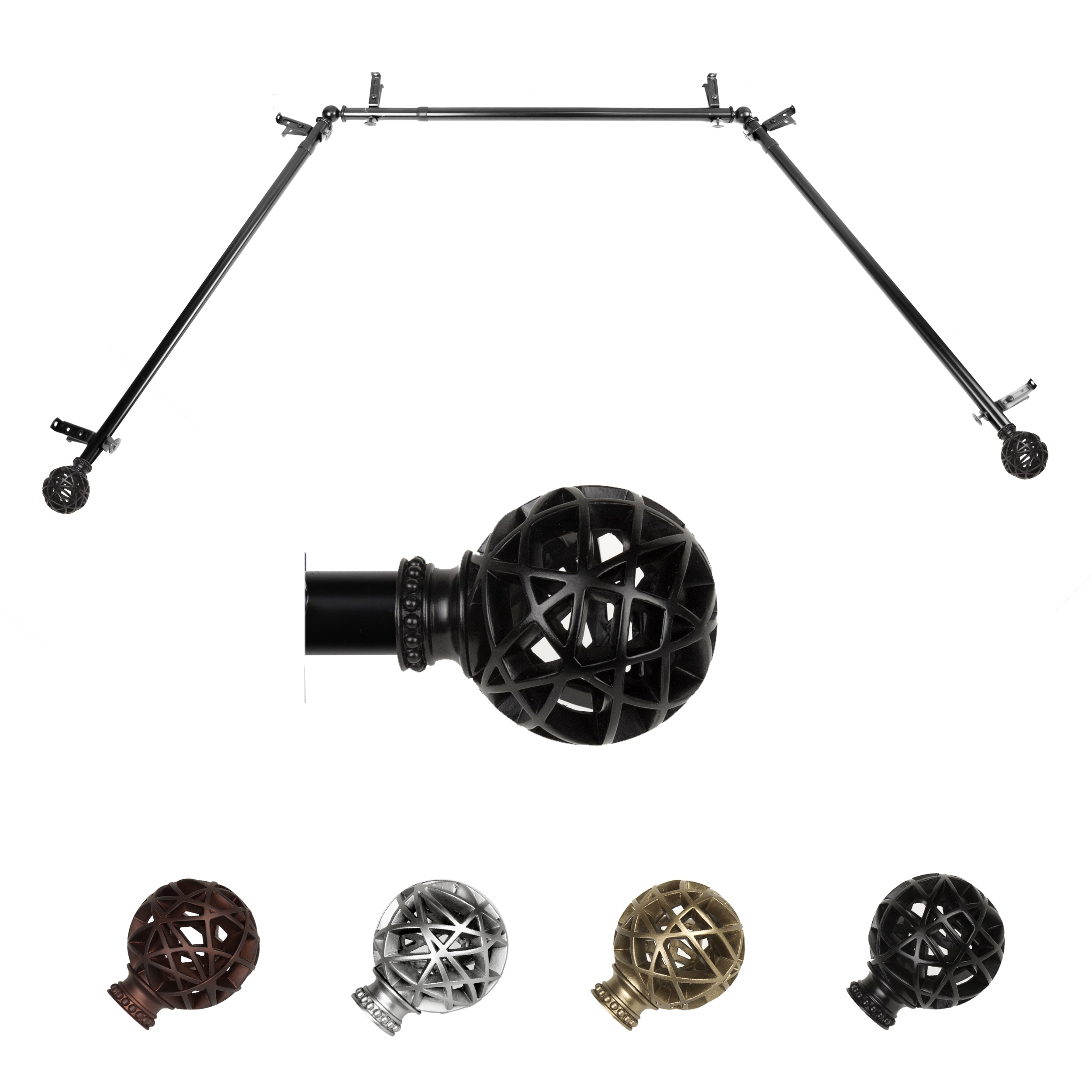 Hart & Harlow LO-ABAY-88-2 72-in to 144-in Black Steel Bay window curtain rod with Finials