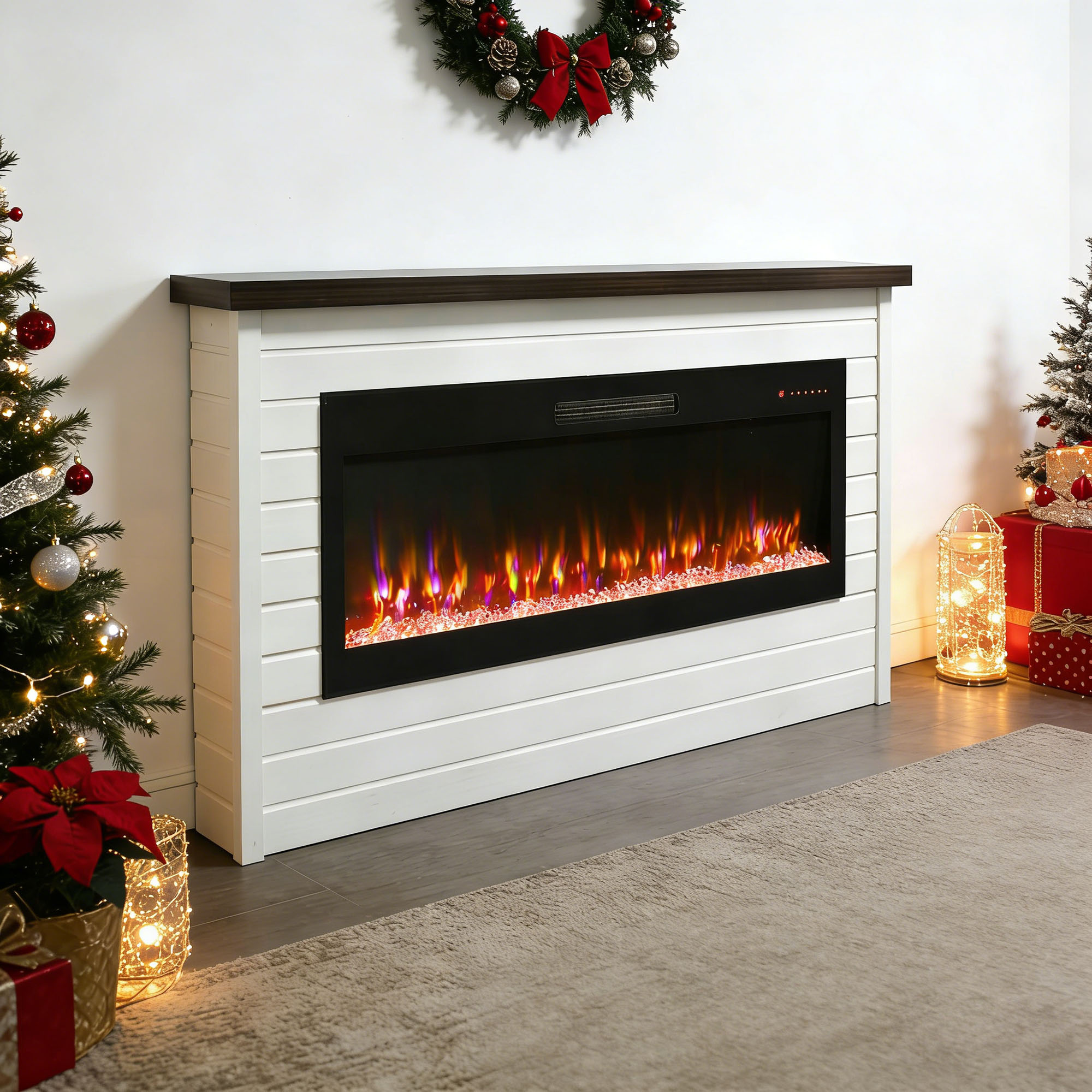 TATAHANCE 65-in W x 35.75-in H x 7.75-in D Antique White Finished Composite Modern Fireplace Mantel Shelf