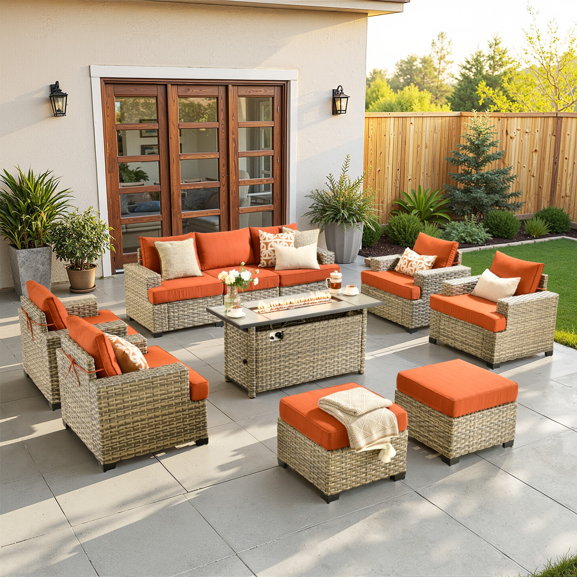 ALTRIGUS 6L-CFP8504-TBS810-AL 10 -Piece Wicker Patio Sofa Conversation Set with Orange Cushions