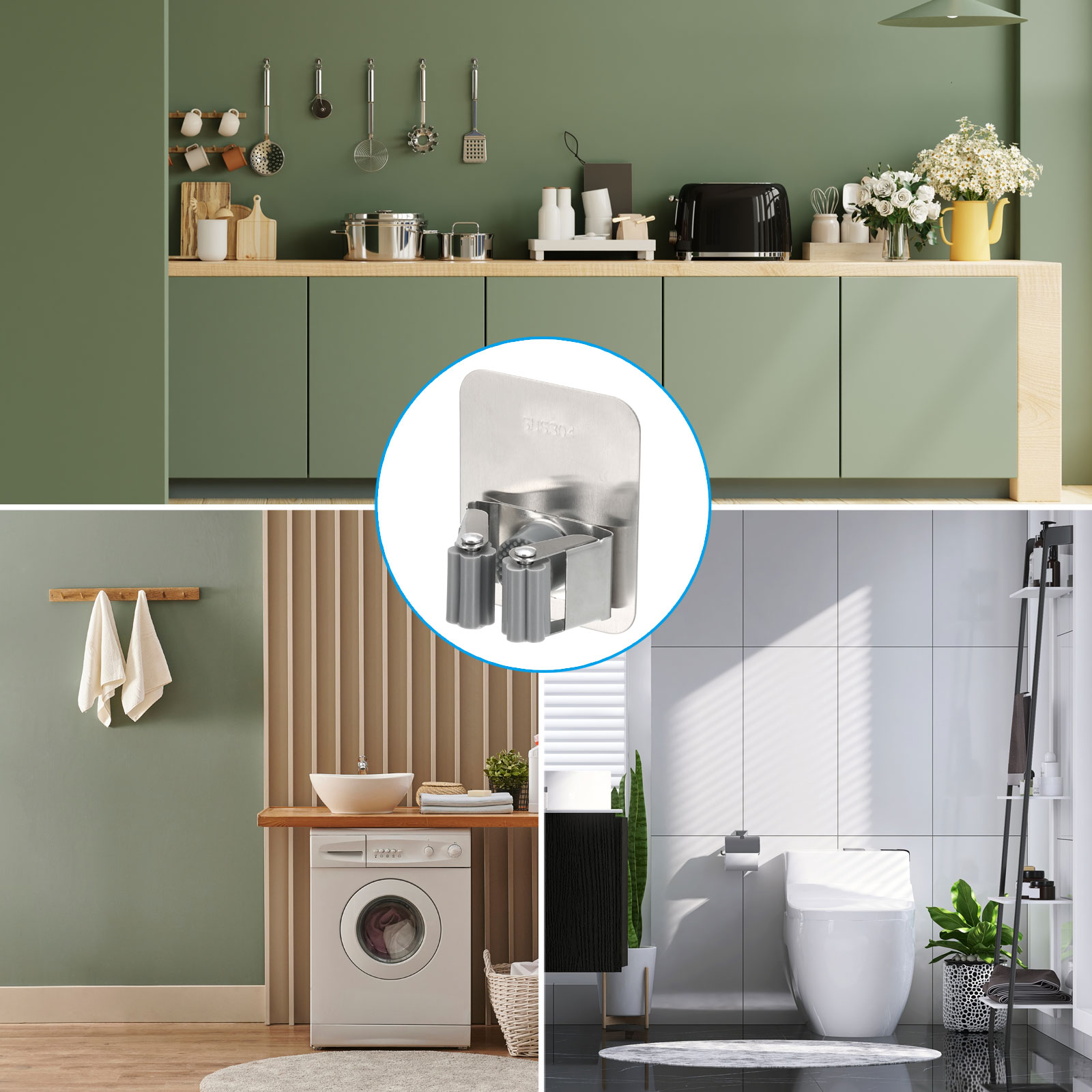 IMILLET 2 Pack Wall Mount Broom Holder Stainless Steel 5 Racks With 4 Hooks Broo