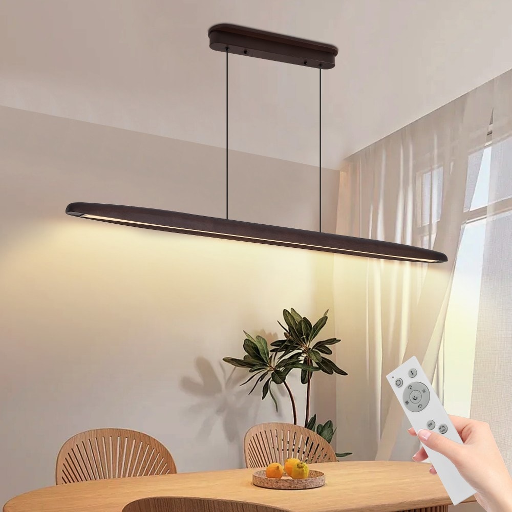 Basdien 51 in Brown Modern Streamline Wooden LED Pendant Light Remote Control Dimmable Dining Room Kitchen Living Room Bedroom Foyer Hallway Entryway Office Hotel Contemporary Wood Finish Iron Frame Color Temperature 3000K 6500K Energy Savings