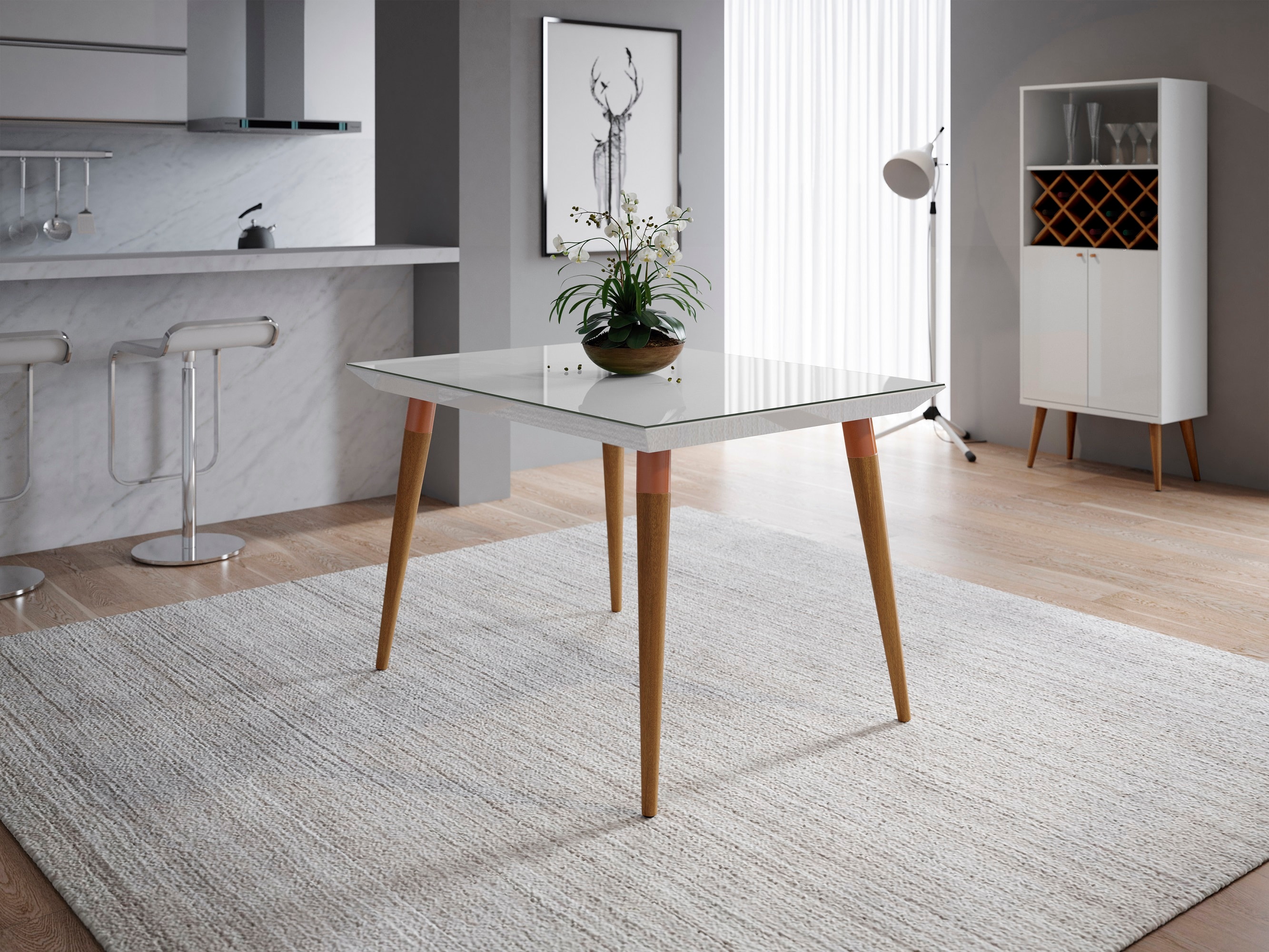 Manhattan Comfort 107351 Utopia White Gloss and Maple Cream Contemporary/Modern Dining Table, Glass top with Gloss Composite 47.24-in L x 30.31-in H