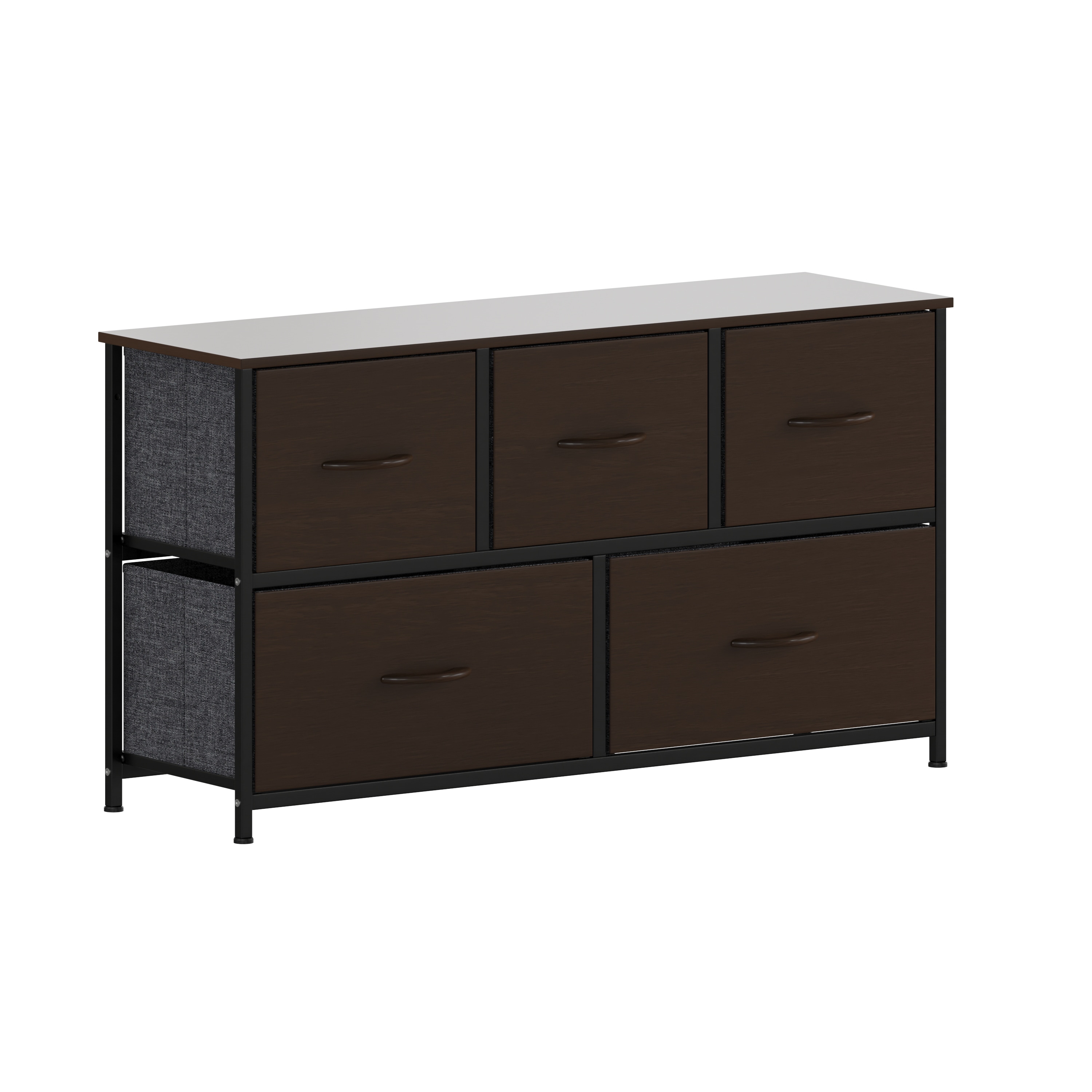 Flash Furniture 196861123856 Harris 5 Drawer Storage Dresser with Black Cast Iron Frame; Brown Wood Top and Brown Easy Pull Engineered Wood Drawers with Wooden Handles