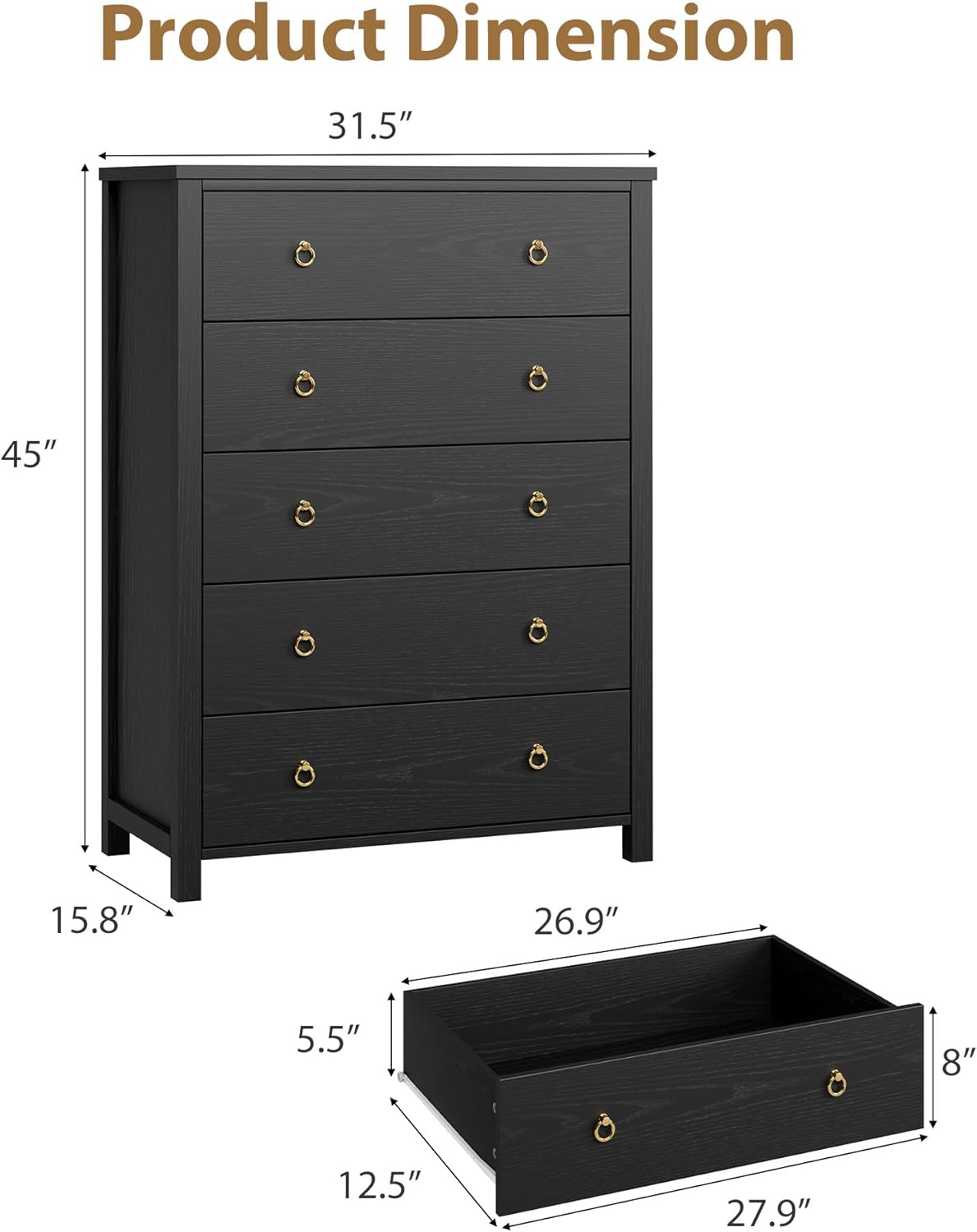 Garvee 5 Drawers Dresser for Bedroom 45 Inch Tall Chest of Drawers Modern  Clothes Storage Cabinet and TV Stand Wood Drawer Organizer for Nursery  Living Room Entryway Black in the Dressers department