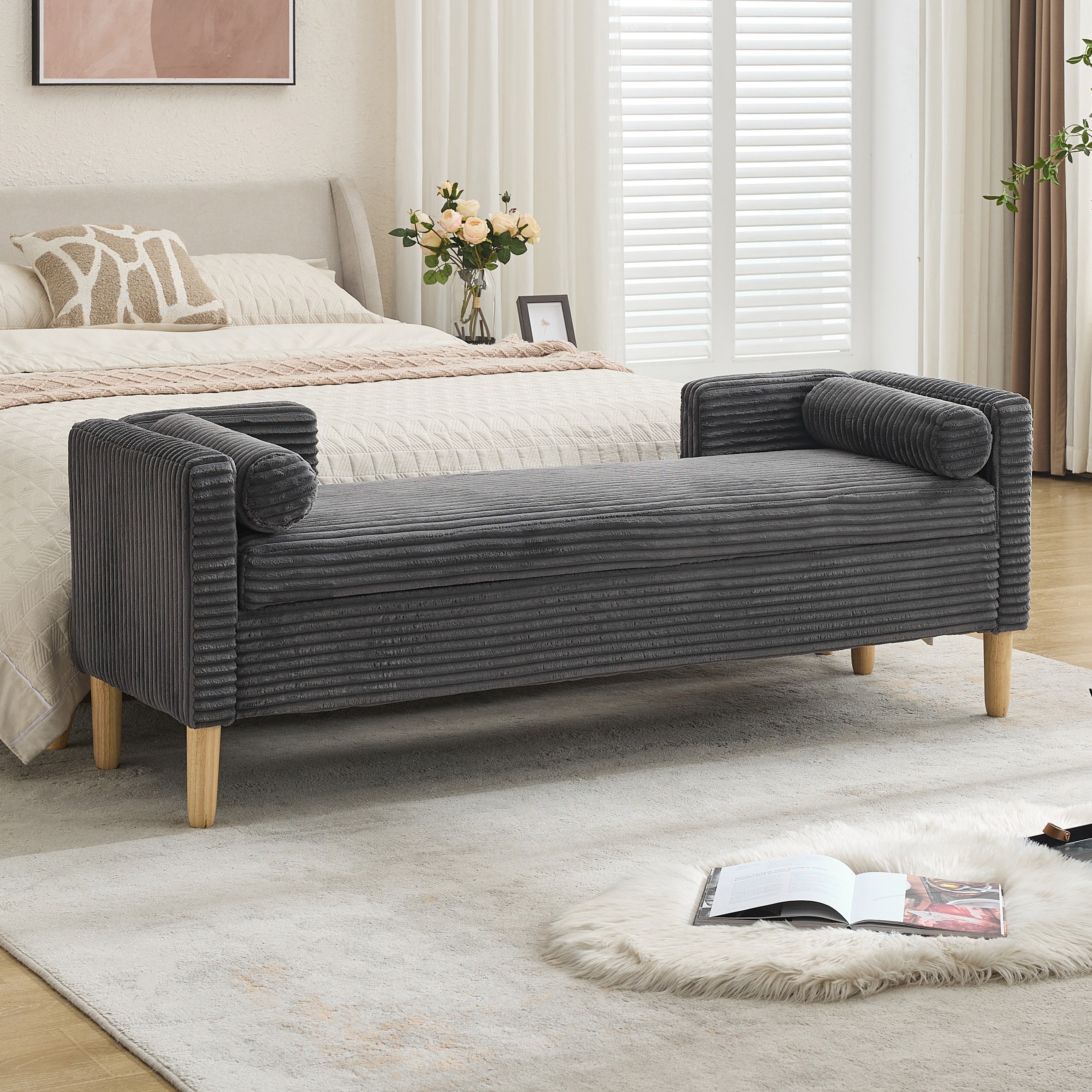Hrinhom HC-S4112-CHARCOAL Modern CHARCOAL Storage Bench with Storage 65.35-in x 21.06-in x 22.83-in