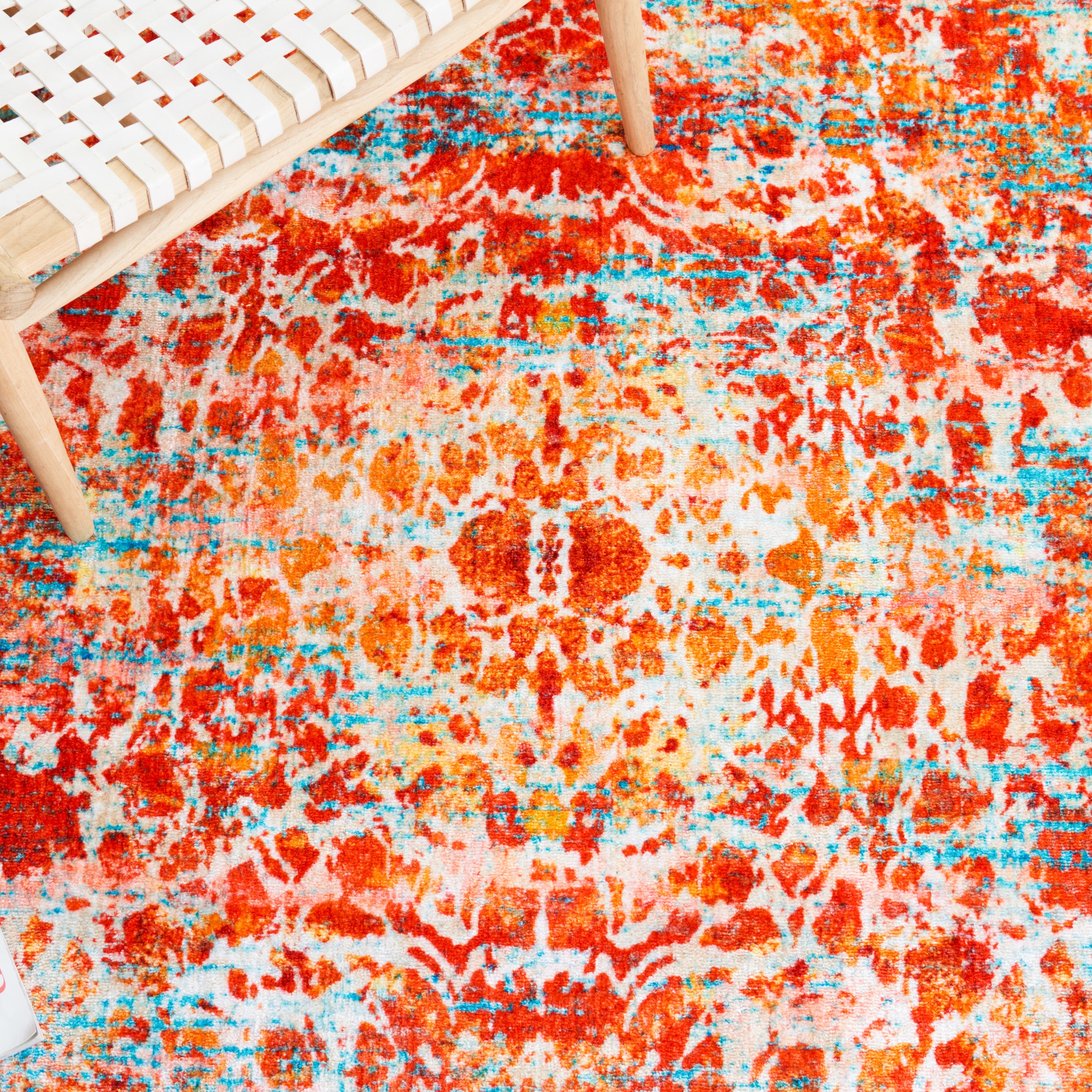 Red and Light Blue Round Washable Synthetic Area Rug