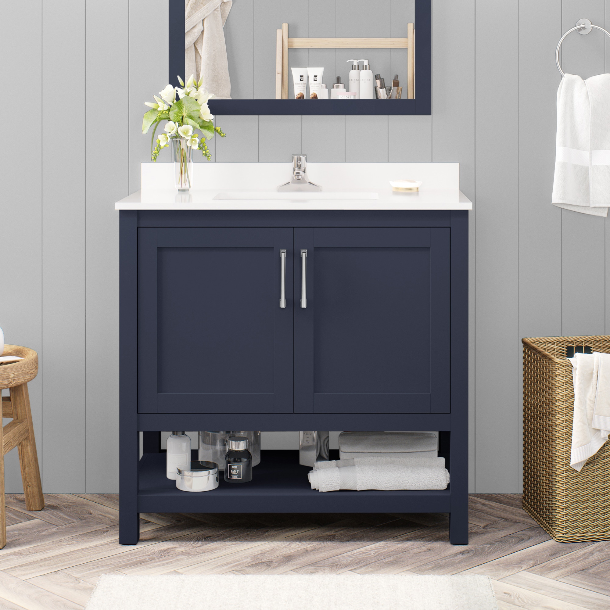 OVE Decors 15VVAR-ALBU36-045 Albury 36-in Midnight blue Undermount Single sink Bathroom Vanity with White Engineered marble Top
