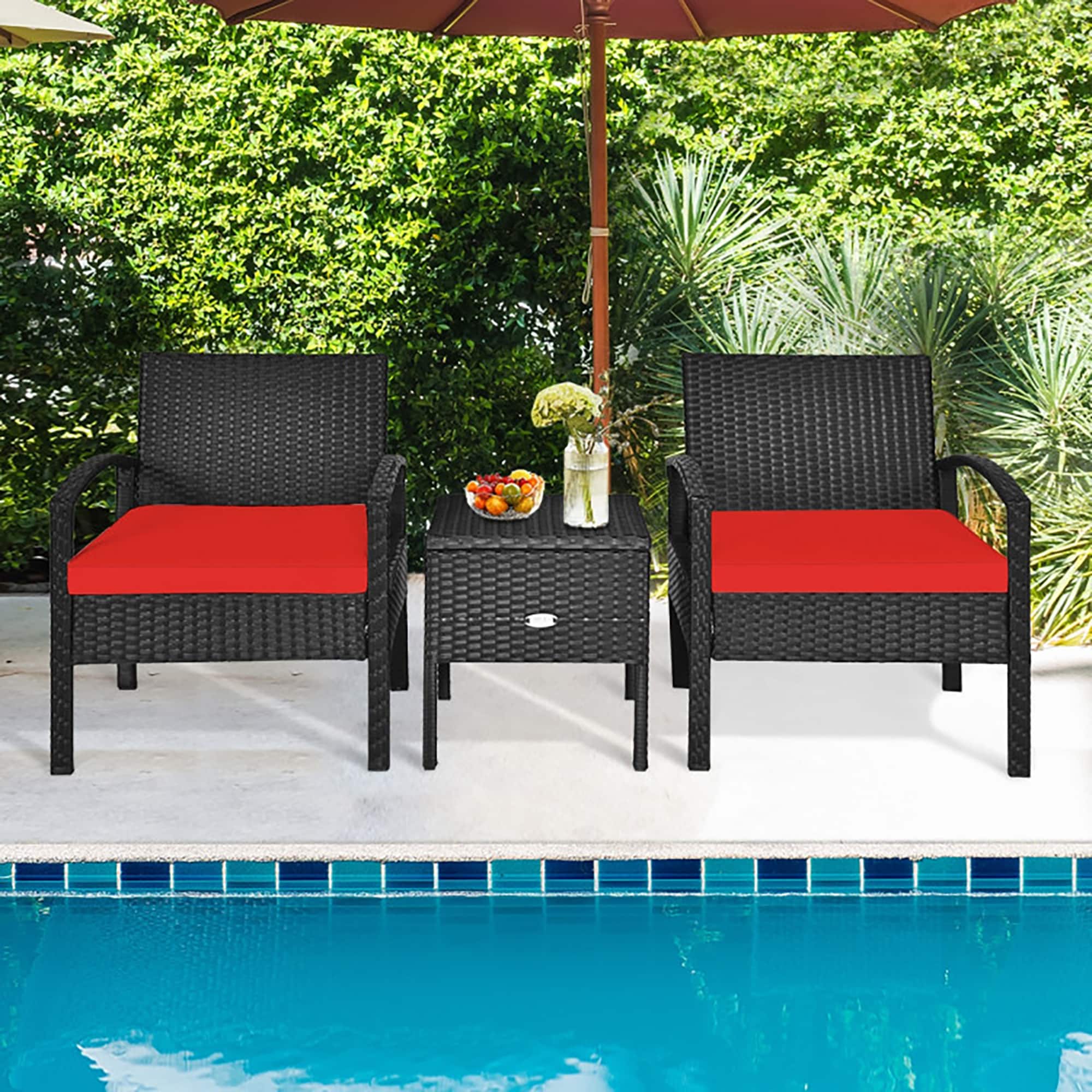 Red Cushioned Black Rattan 2-Person Patio Conversation Set