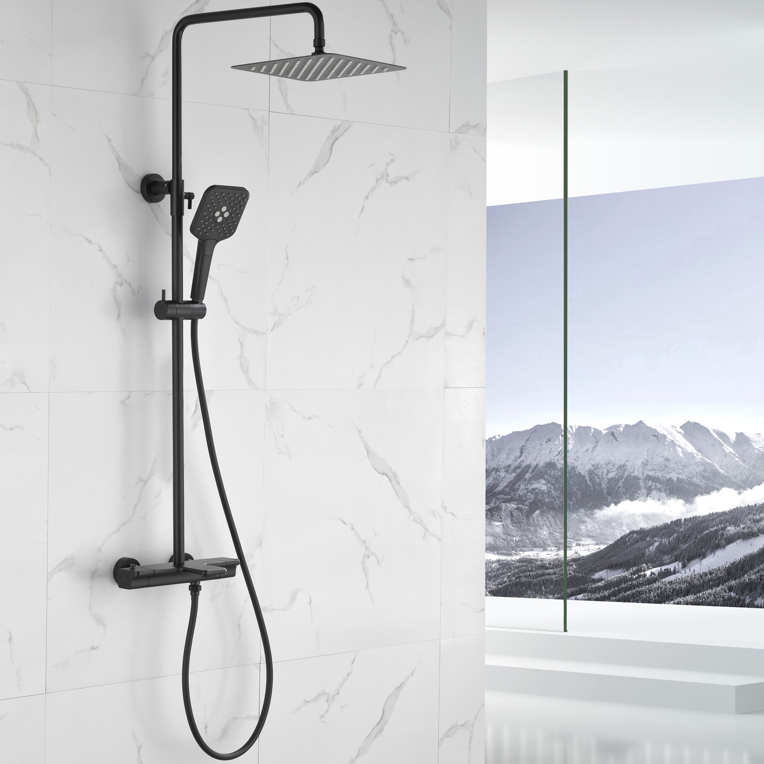 Pouuin Ob Matte Black Waterfall Shower Faucet Bar System with 4-way Diverter Valve Included