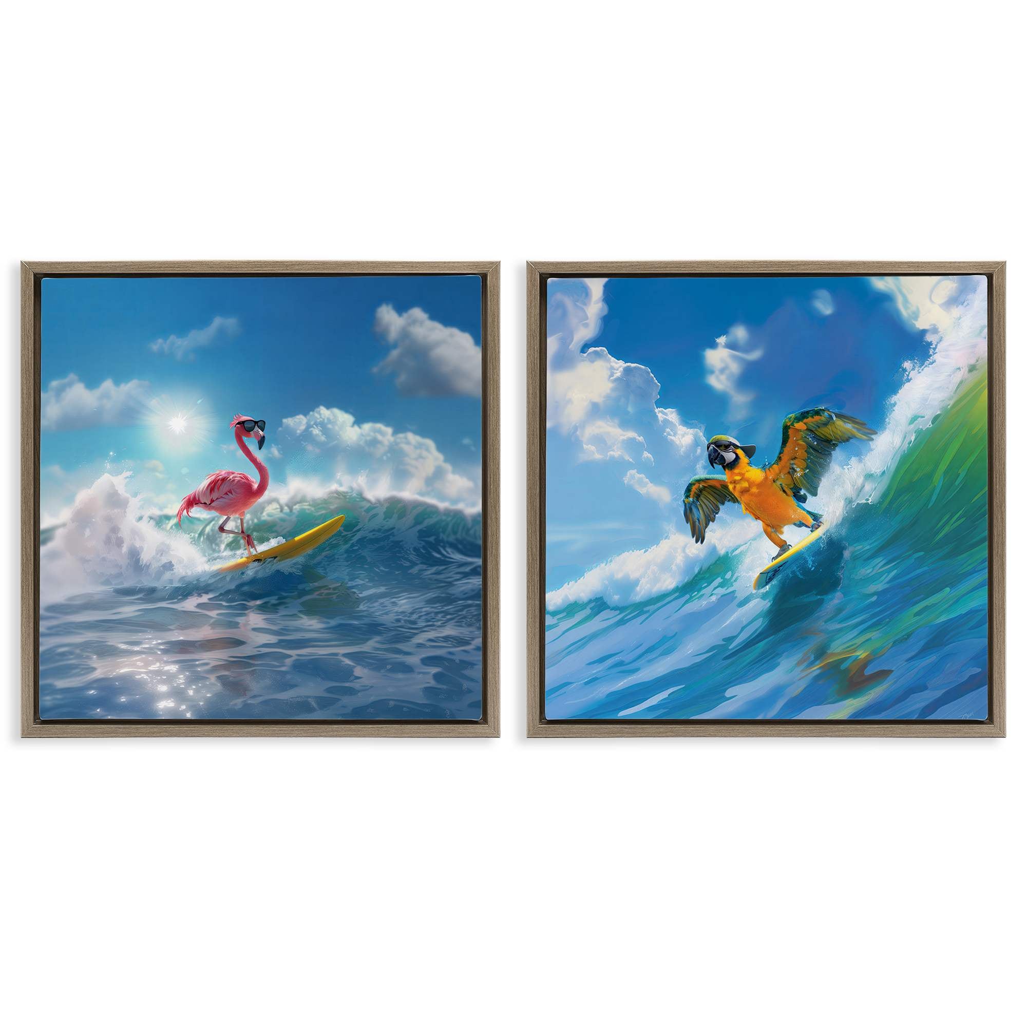 Stupell Industries B2-812-FFE-2PC-17X17 Tropical Surfing Birds 2 Piece Brown Framed Floater Canvas Set By Jim Baldwin 18 x 18