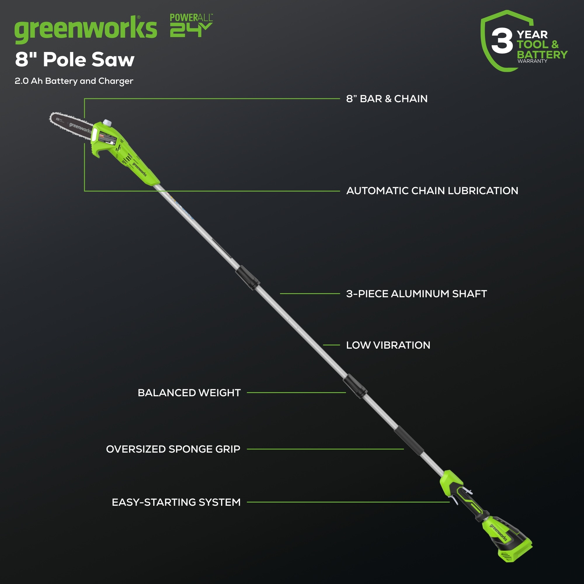 Greenworks 24-volt 8-in 2 Ah Battery Pole Saw (Battery and