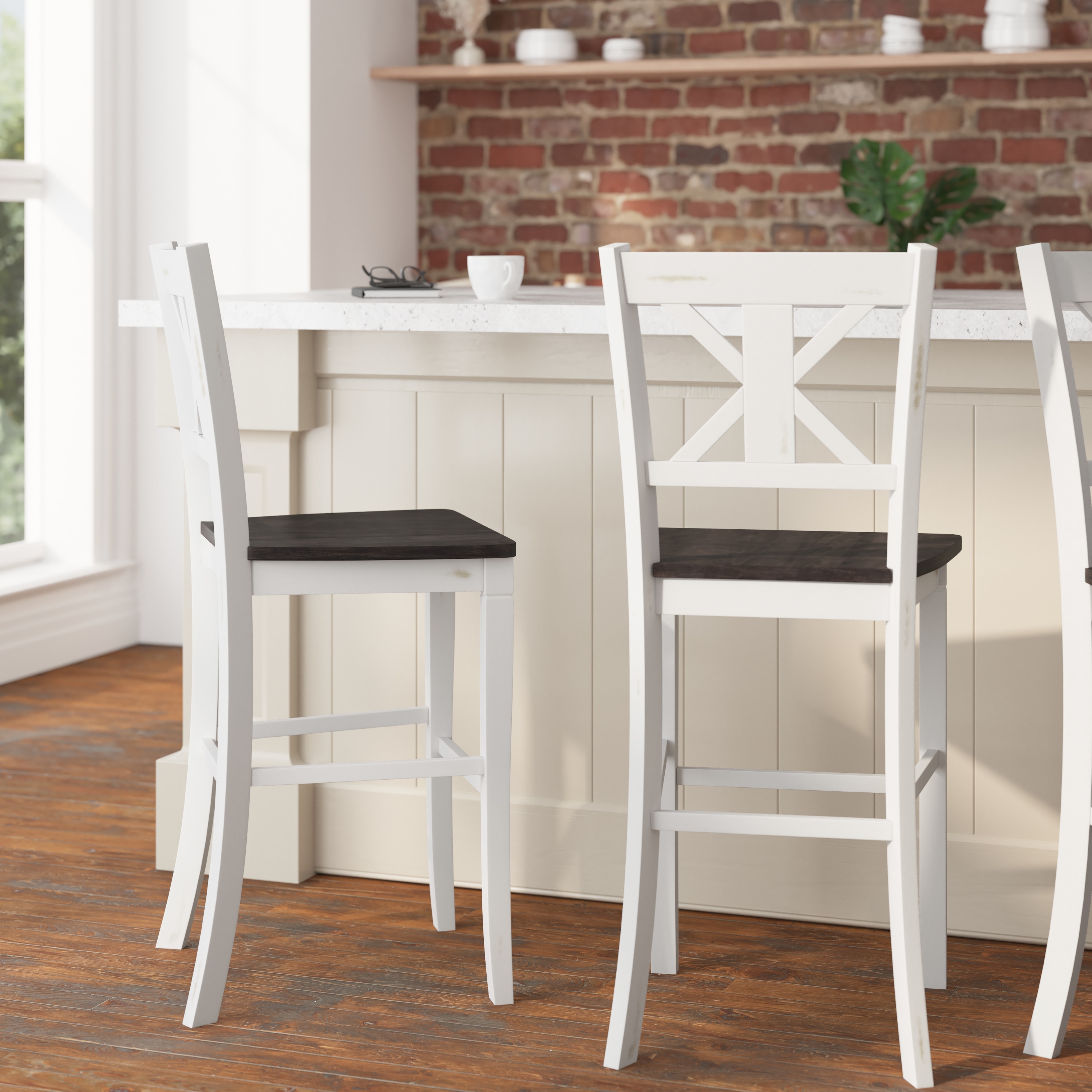 White Wash Solid Wood Cross Back Counter Stools, Set of 2