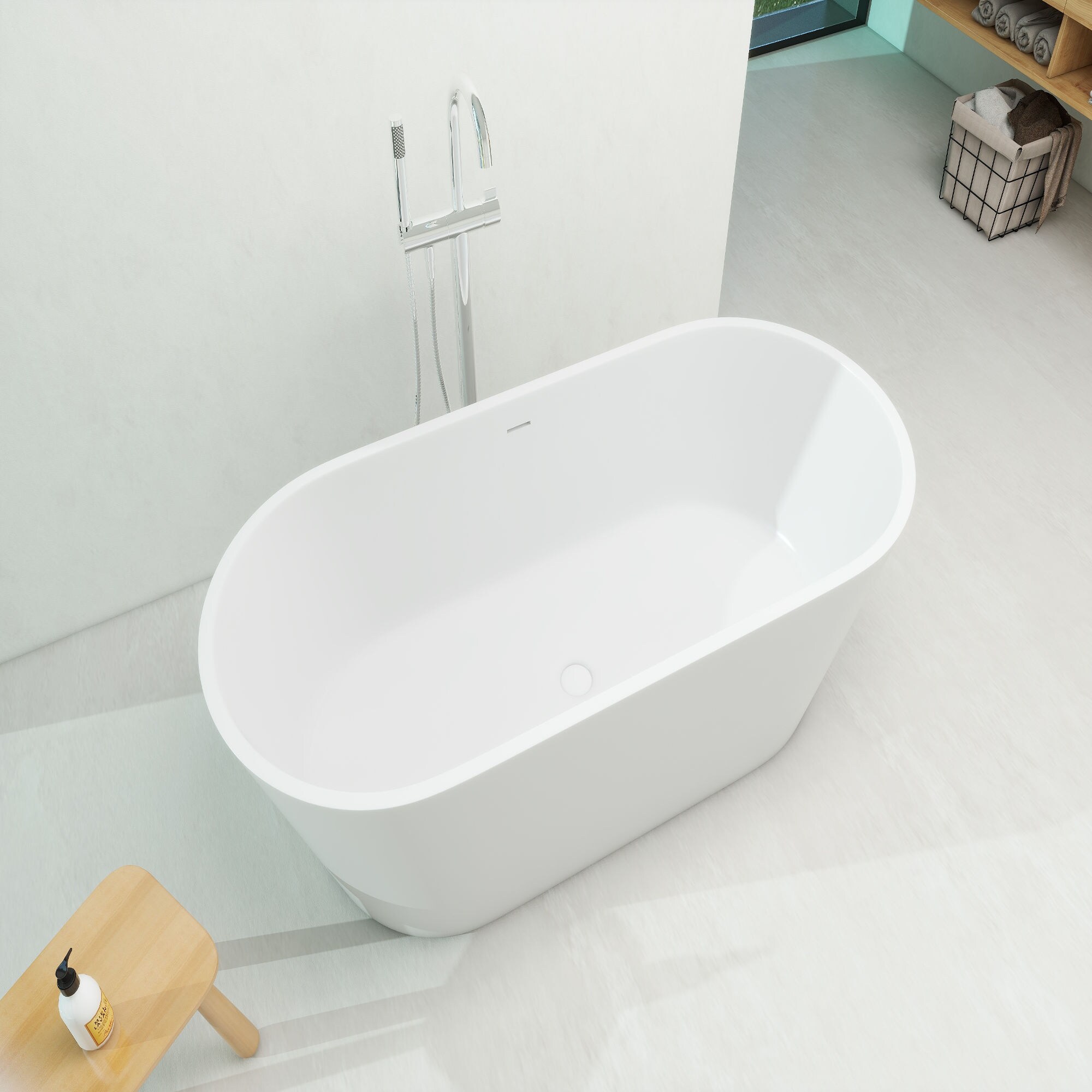 65 in. x 29.5 in. Freestanding Soaking Solid Surface Bathtub with Center Drain in Matte White