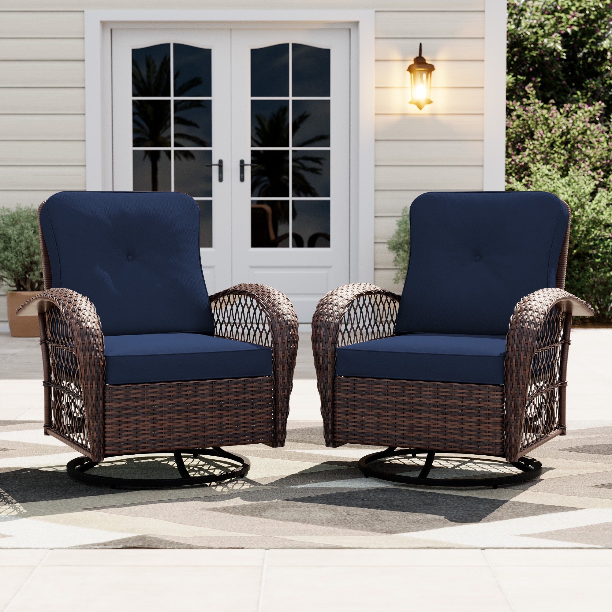 UPHA Y11BE-NAVYBLUE 2-Pieces Patio Chairs Set of 2 Wicker Brown Iron Frame Swivel rocker Rocking Chair with Blue Cushioned Seat