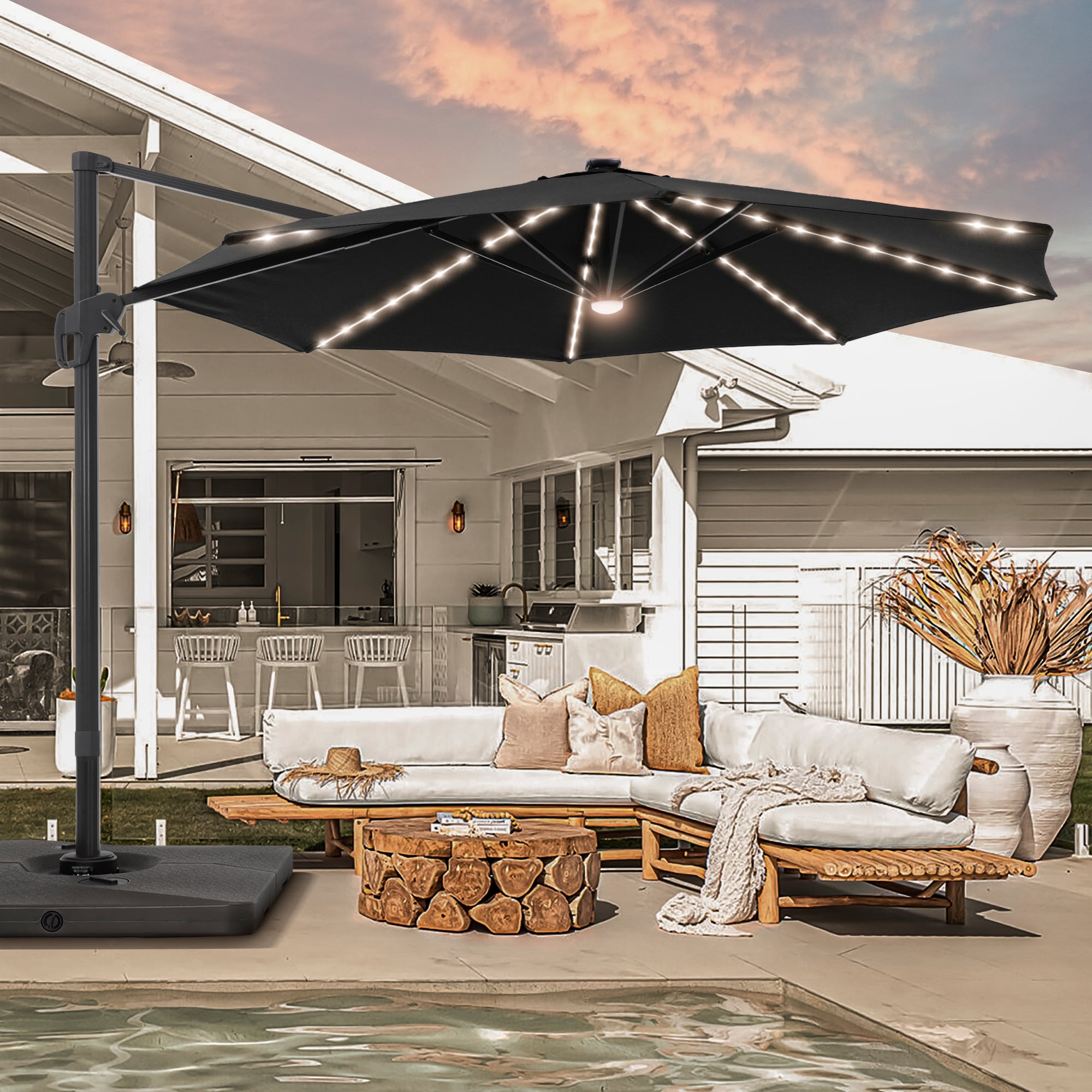 Sonkuki SD-LED140BK-BASE 11-Feet Aluminum Black Cantilever Patio Umbrella with Lights and