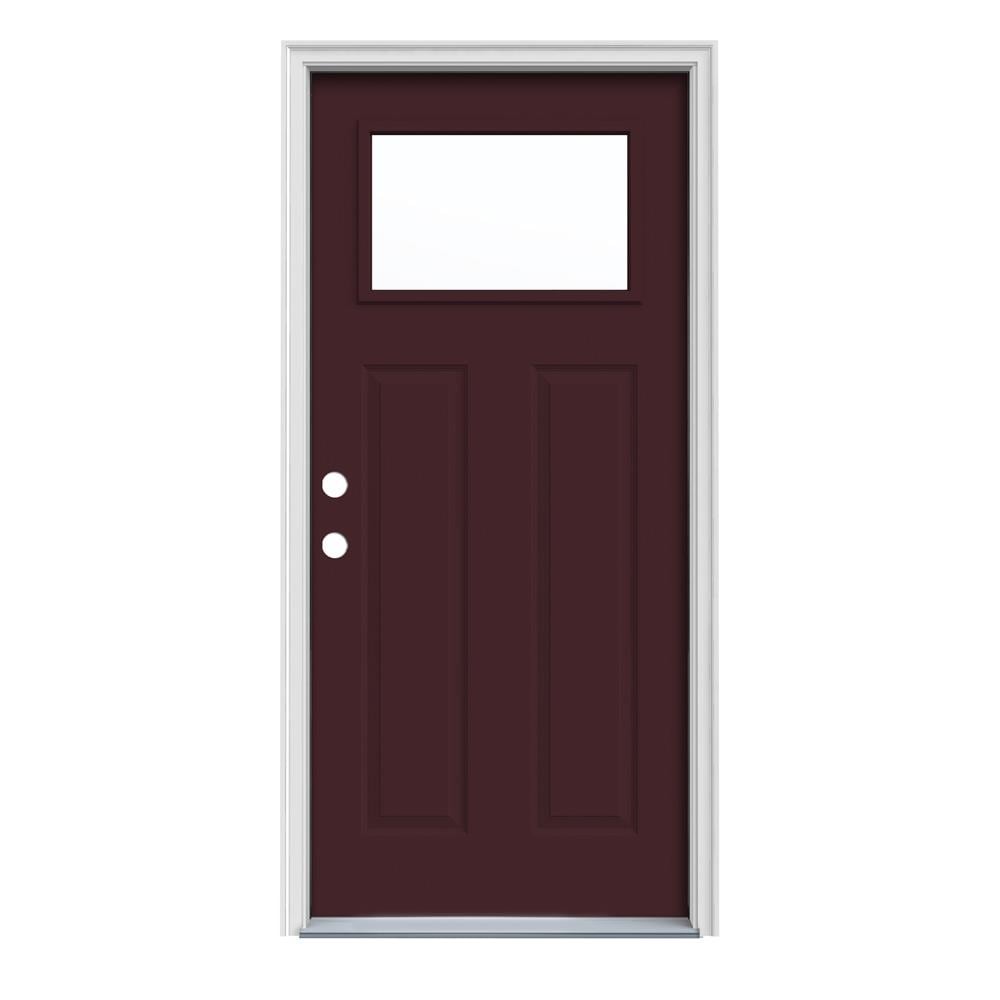 JELD-WEN LOWOLJW167701001 32-in x 80-in x 4-9/16-in Steel Craftsman Right-hand inswing Currant Painted Prehung Front Door with Brickmould Insulating core