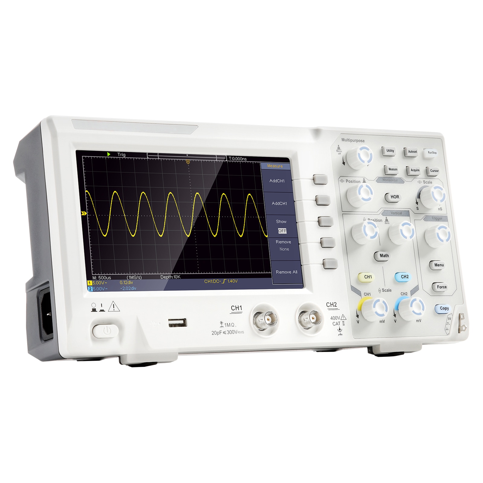 VEVOR SBQCG2000000UKGGLV1 Digital Oscilloscope, 1GS/S Sampling Rate, 100MHZ Bandwidth 2 Channels Portable Oscilloscope with 7-inch Color Screen, 30 Automatic Measurement Functions for Electronic Circuit Testing DIY