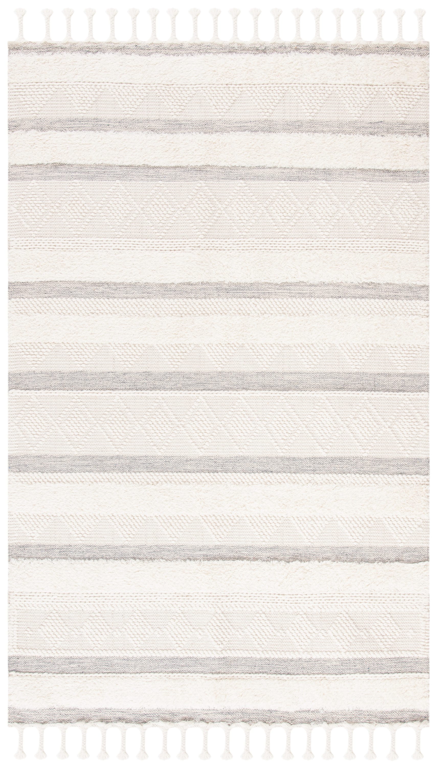 Ivory Hand-Knotted Wool Stripe Rectangular Rug 59"