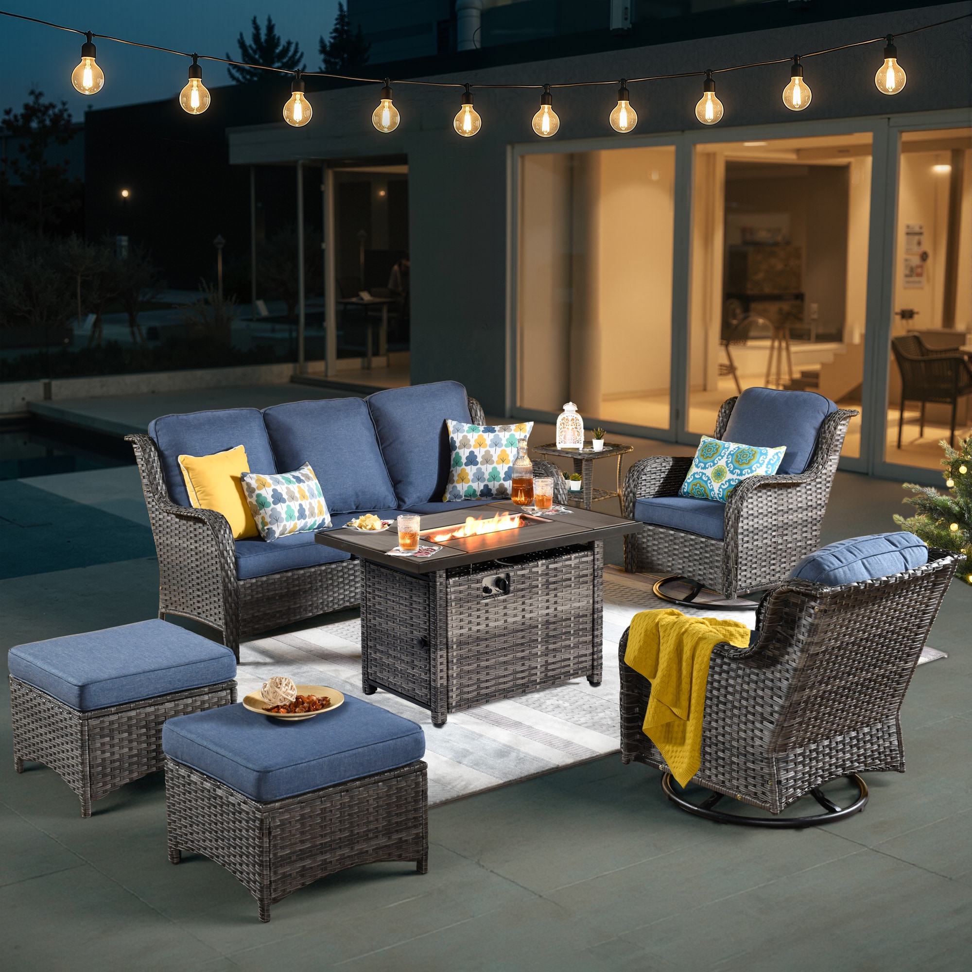 Pouuin SRFPGNTC30-7 7 -Piece Wicker Patio Sofa Conversation Set with Blue Cushions
