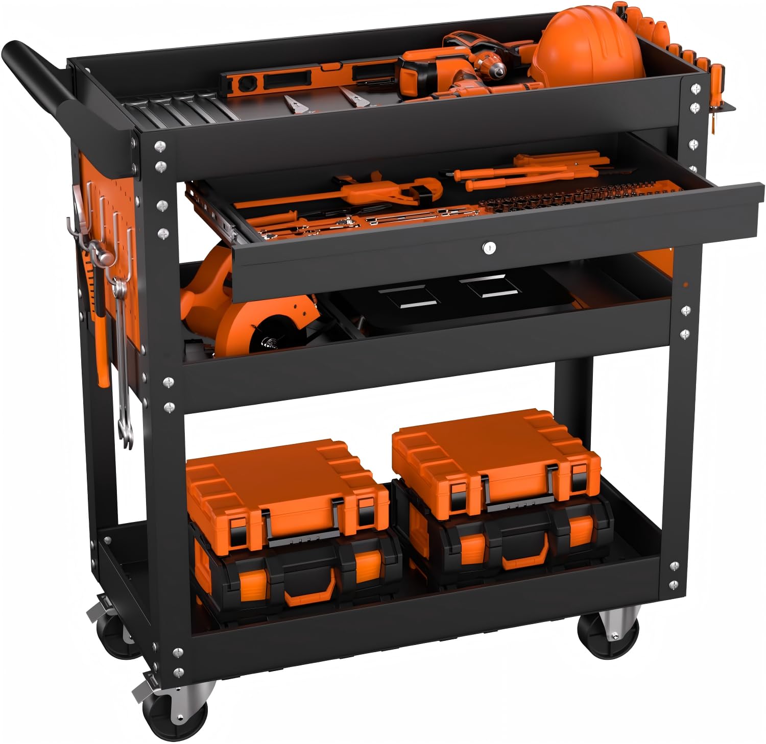 DEXSO 4 Tier Rolling Tool Cart on Wheels Heavy Duty 350 Lbs Capacity Metal Mechanic Cart with Lockable Drawer and Side Pegboards Black #NOVA-R69NR5F2M