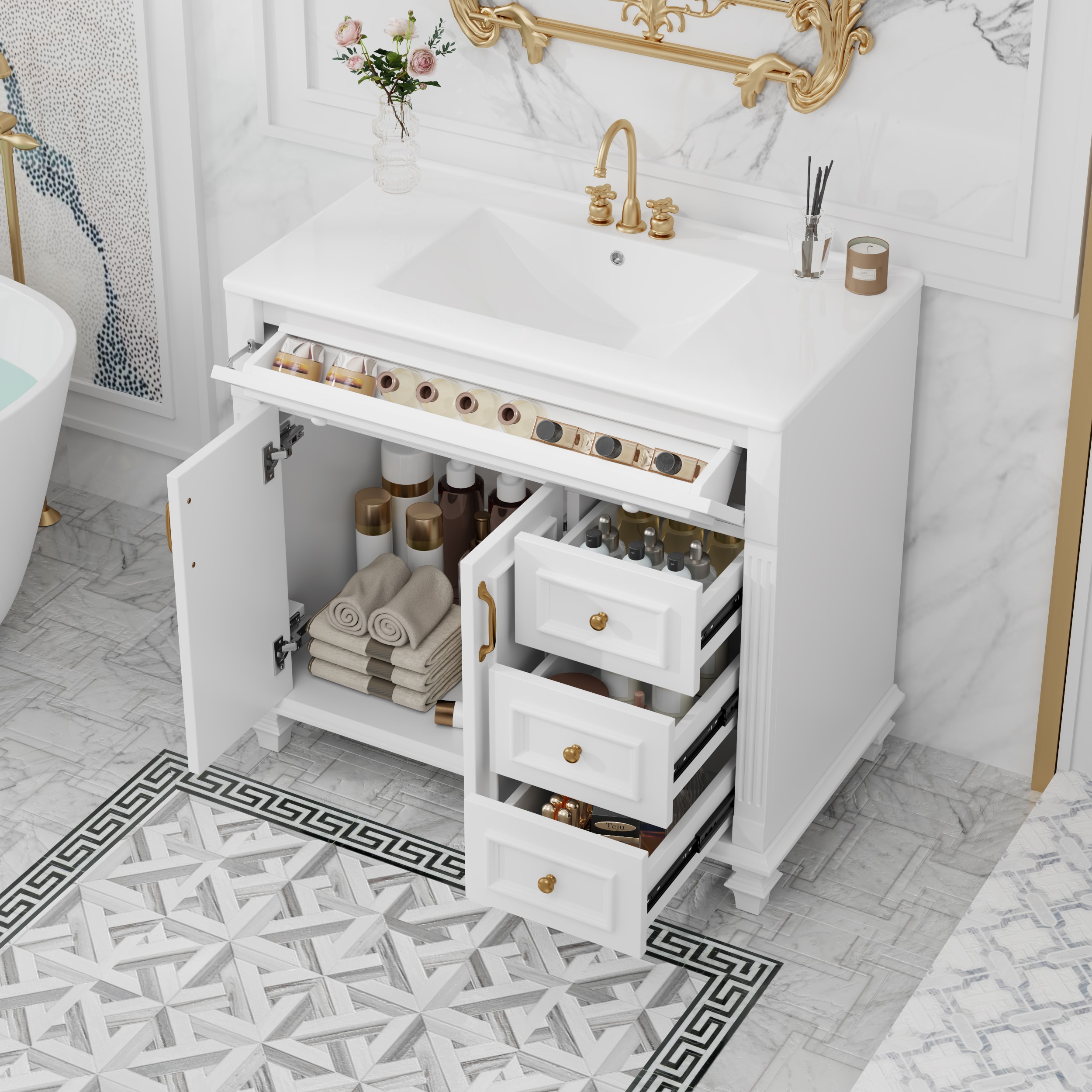 WELLFOR WA24-MBY Flip Drawer Unassembled Bathroom Vanity 36-in White Single Sink Bathroom Vanity with White Ceramic Top