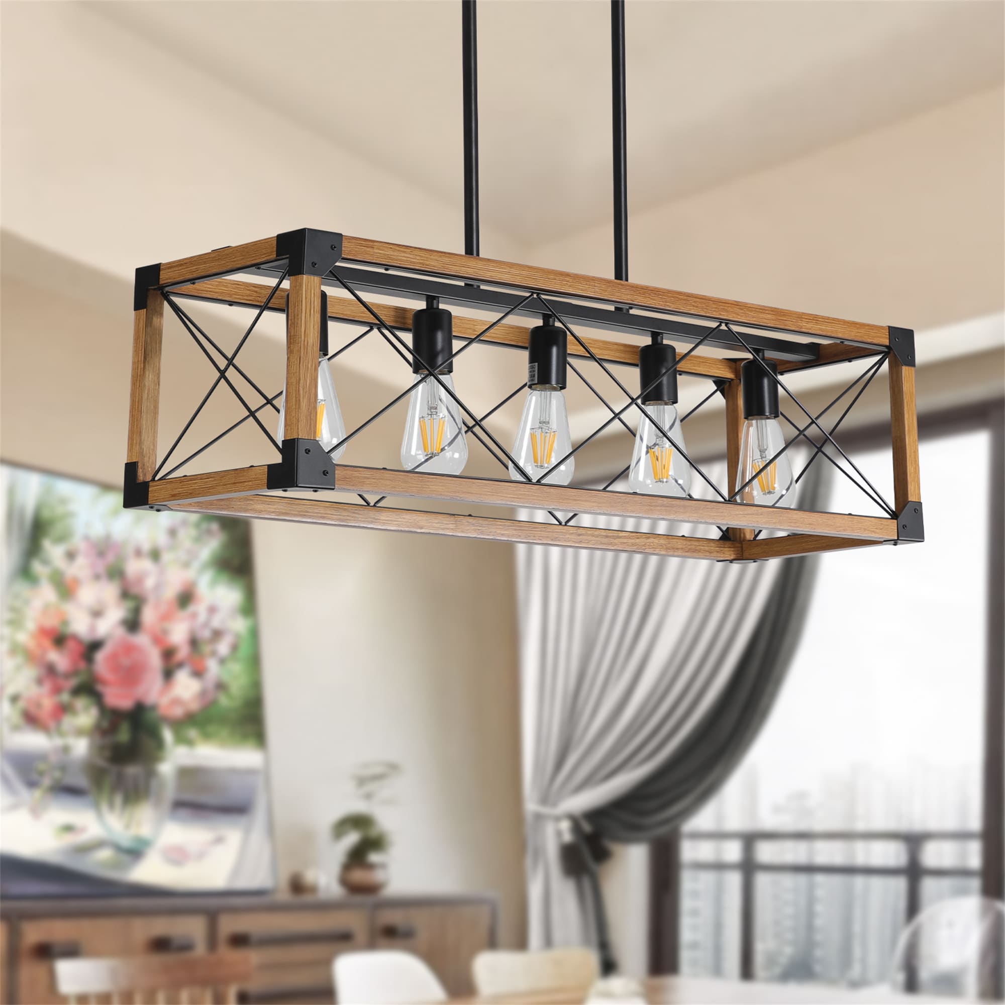 BABOOM BOM-01US-DK-OR 32 inch Walnut Industrial Farmhouse Rectangle Pendant Light 5 -Light Walnut and Black Industrial Rectangle Medium Hanging Kitchen island light