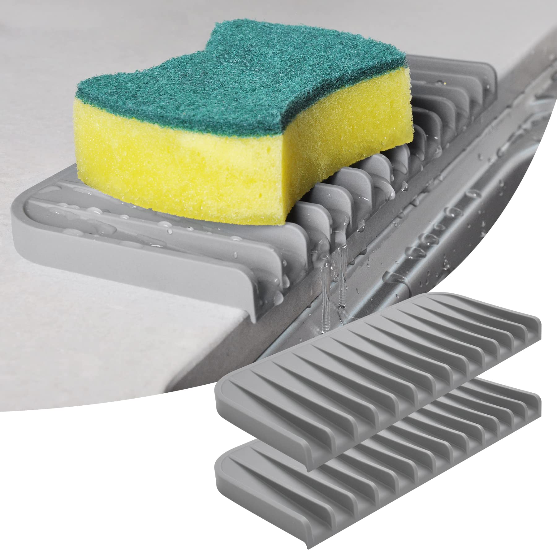 KIWDZFU  Silicone Sponge Holder and Dish Soap Tray for Kitchen Counter Waterproof Multipurpose Sink Caddy Organizer Gray Two Pack