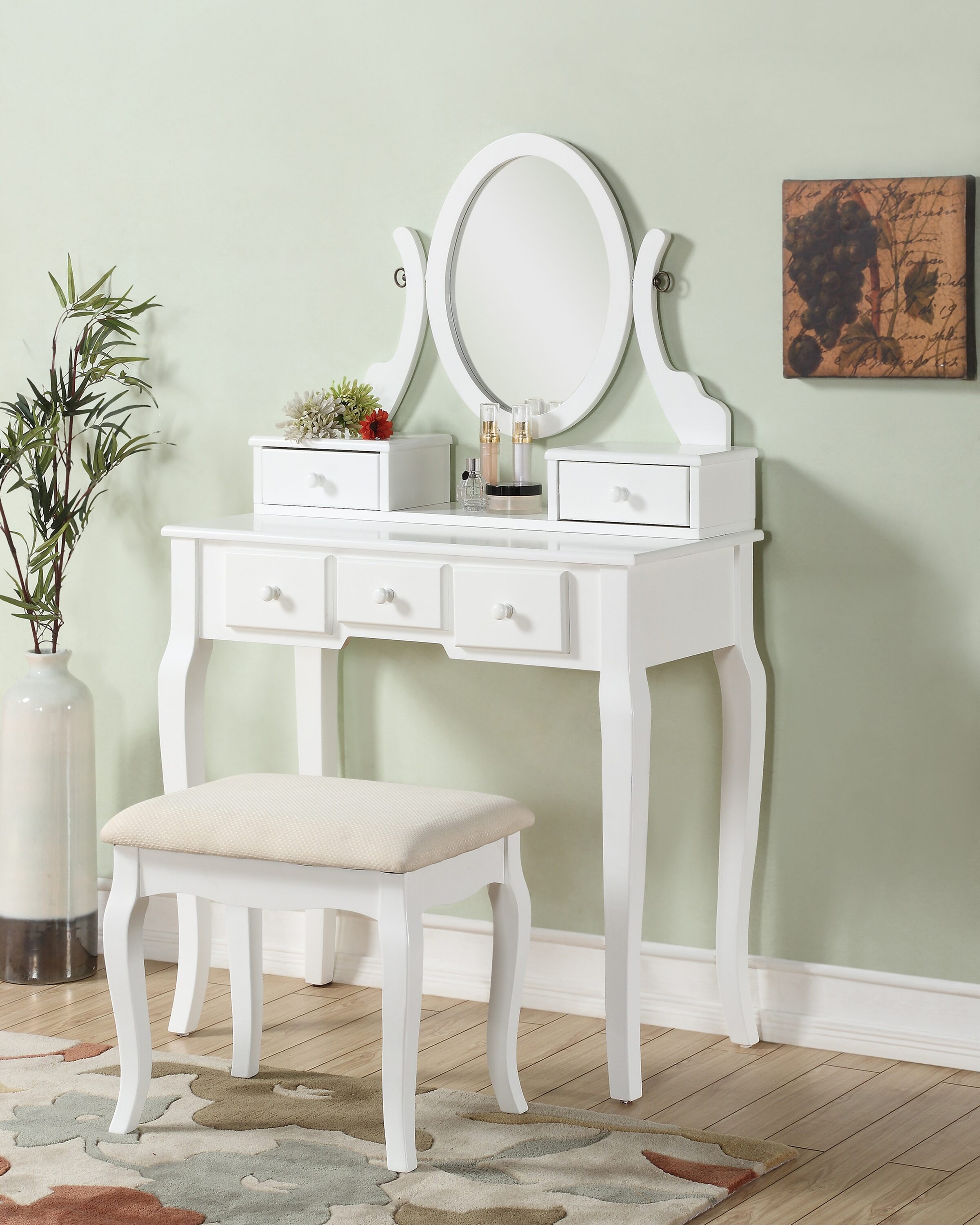 LOVMOR SF-M-T2574P163837 Ashley Wood MakeUp Vanity Table and Stool Set White