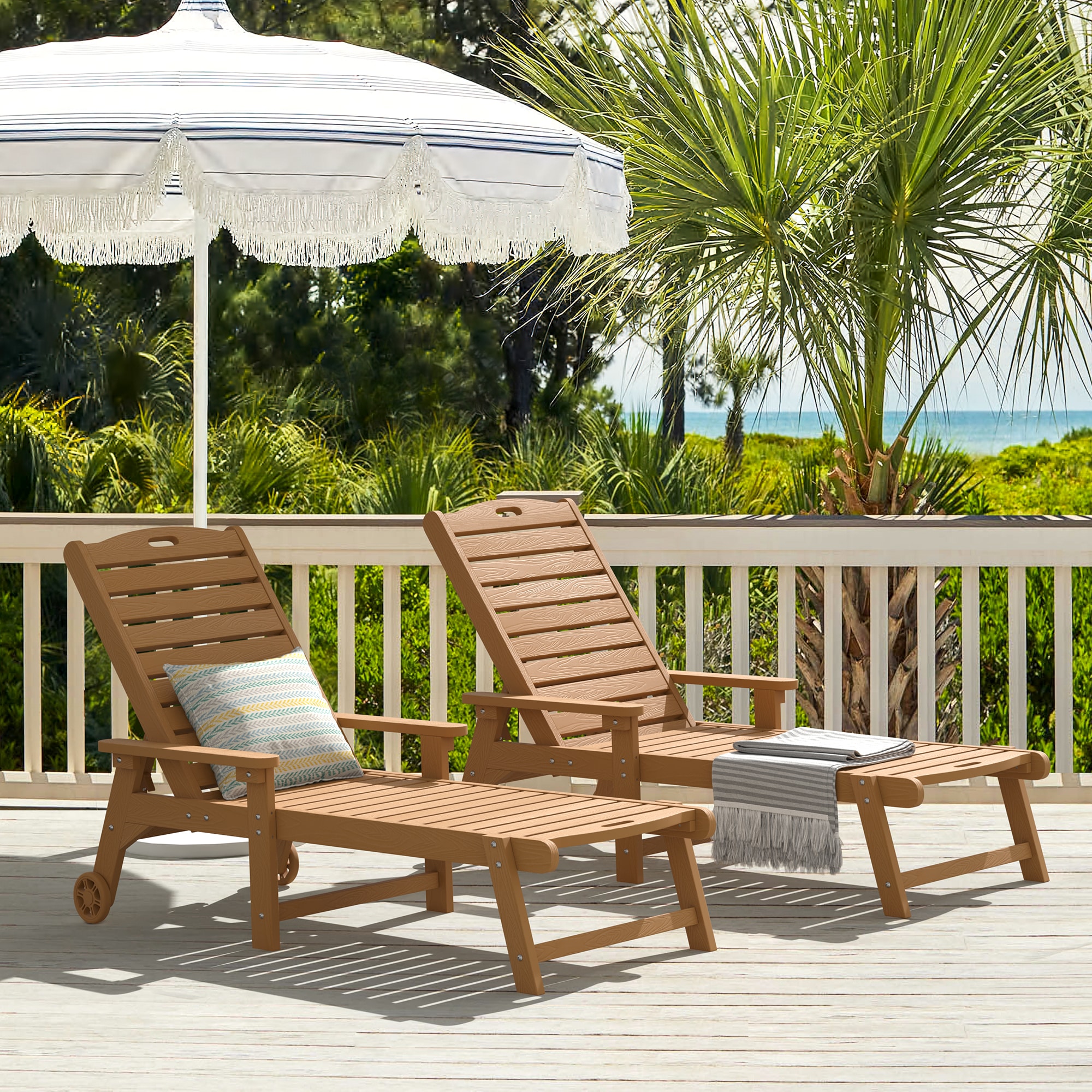 LUE BONA 2LB23OLC0001-300LS Set of 2 Teak Color HDPE Frame Stationary Chaise Lounge Chair with Slat Seat