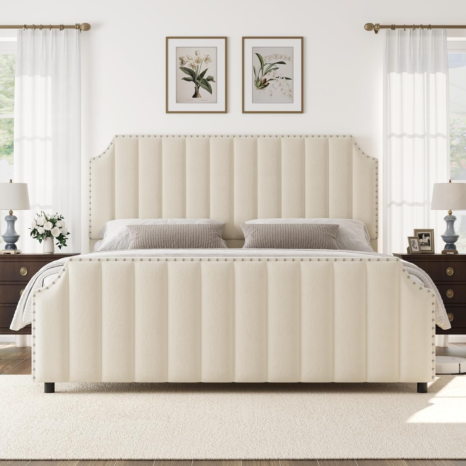 Qeetex King Size Platform Bed Frame  Upholstered Bed Frame with Headboard and Footboard  Strong Wooden Slats Support  No Box Spring Required King Size Bed Frame  Beige