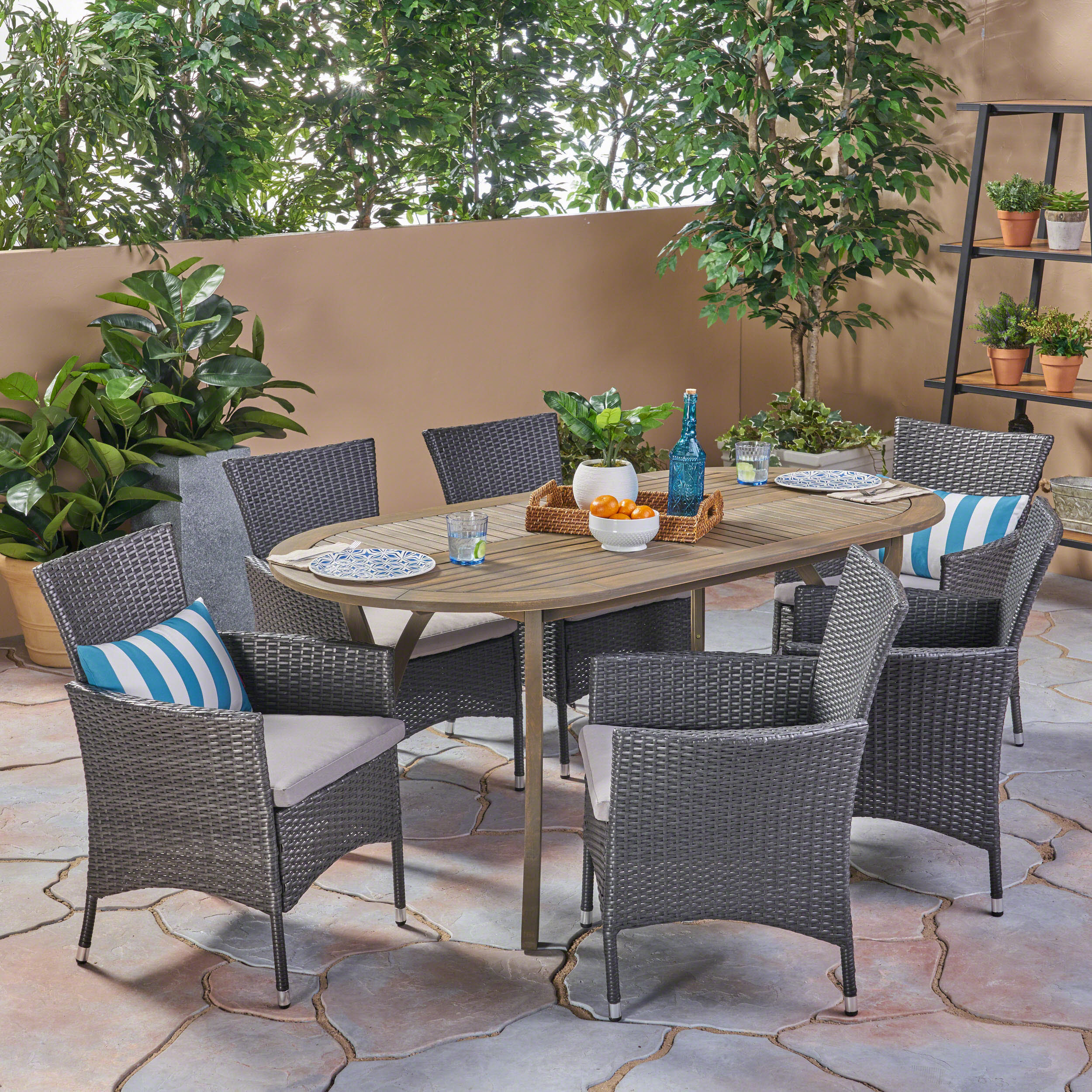 Christopher Knight Home 305270 Wyatt Outdoor 7 Piece Wood and Wicker Dining Set Gray Finish and Gray