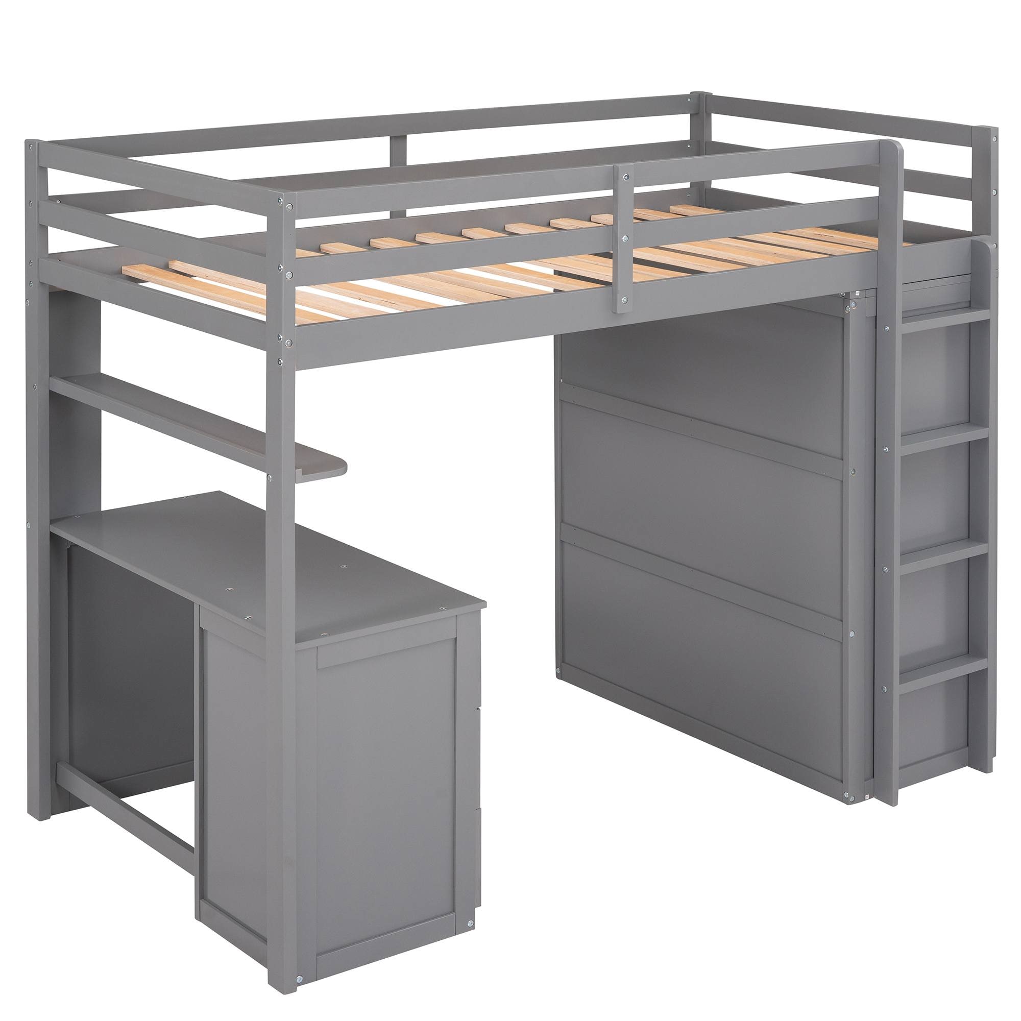 Yiekholo Gray Twin Study Loft Bed with Desk, Shelves, and Wardrobe