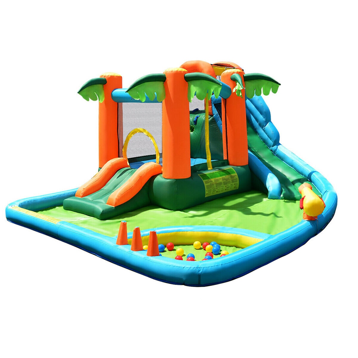 Slickblue D-CO-75007PO 7-in-1 Inflatable Slide Bouncer 169.5-in Oxford Fabric Kids Play Multicolor Indoor and Outdoor