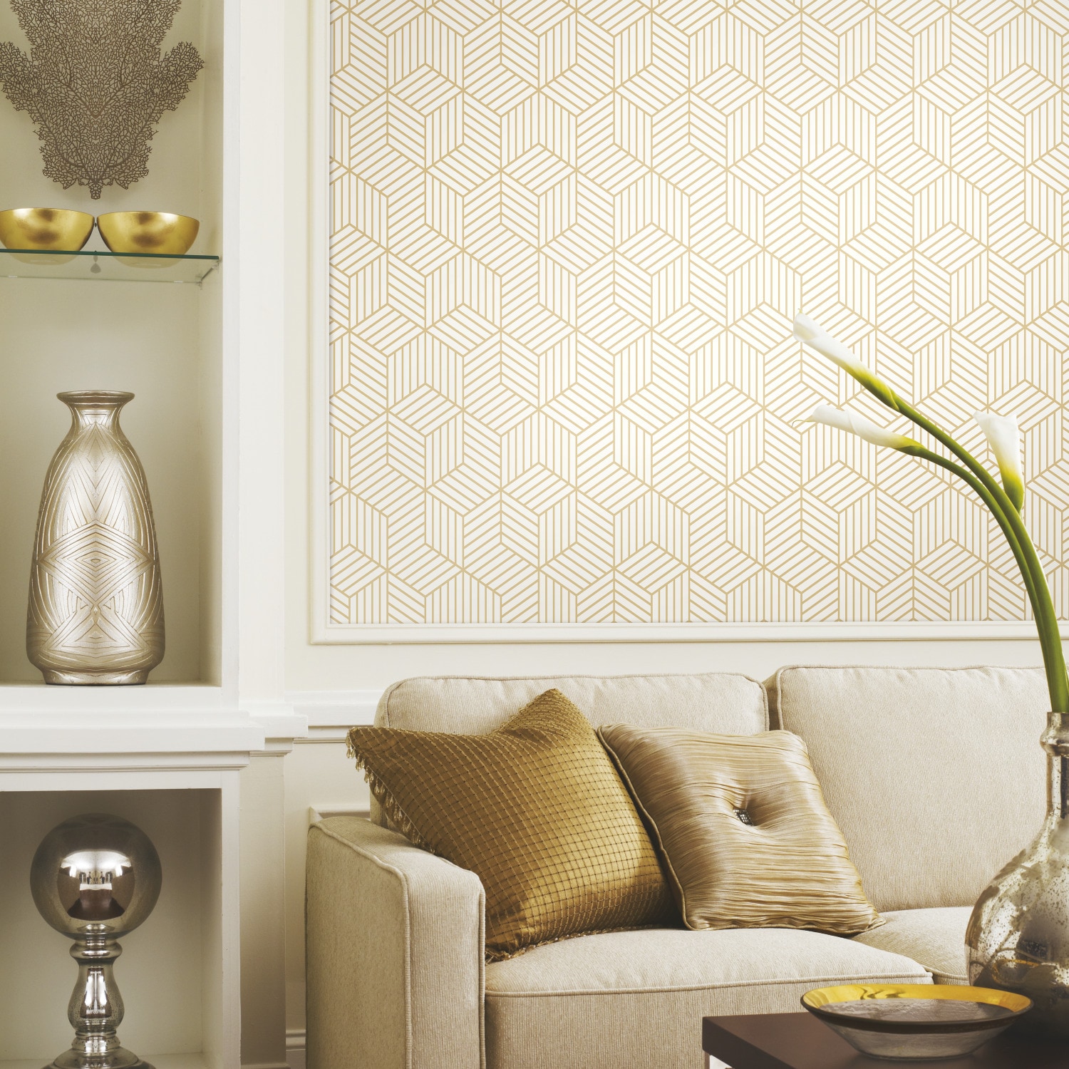 White and Gold Geometric Vinyl Peel and Stick Wallpaper Roll
