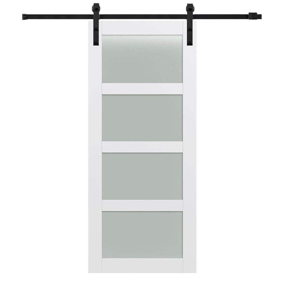42 in. x 84 in. Shaker 4-Lite Frosted Glass Primed MDF Sliding Barn Door with Bent Strap Hardware Kit