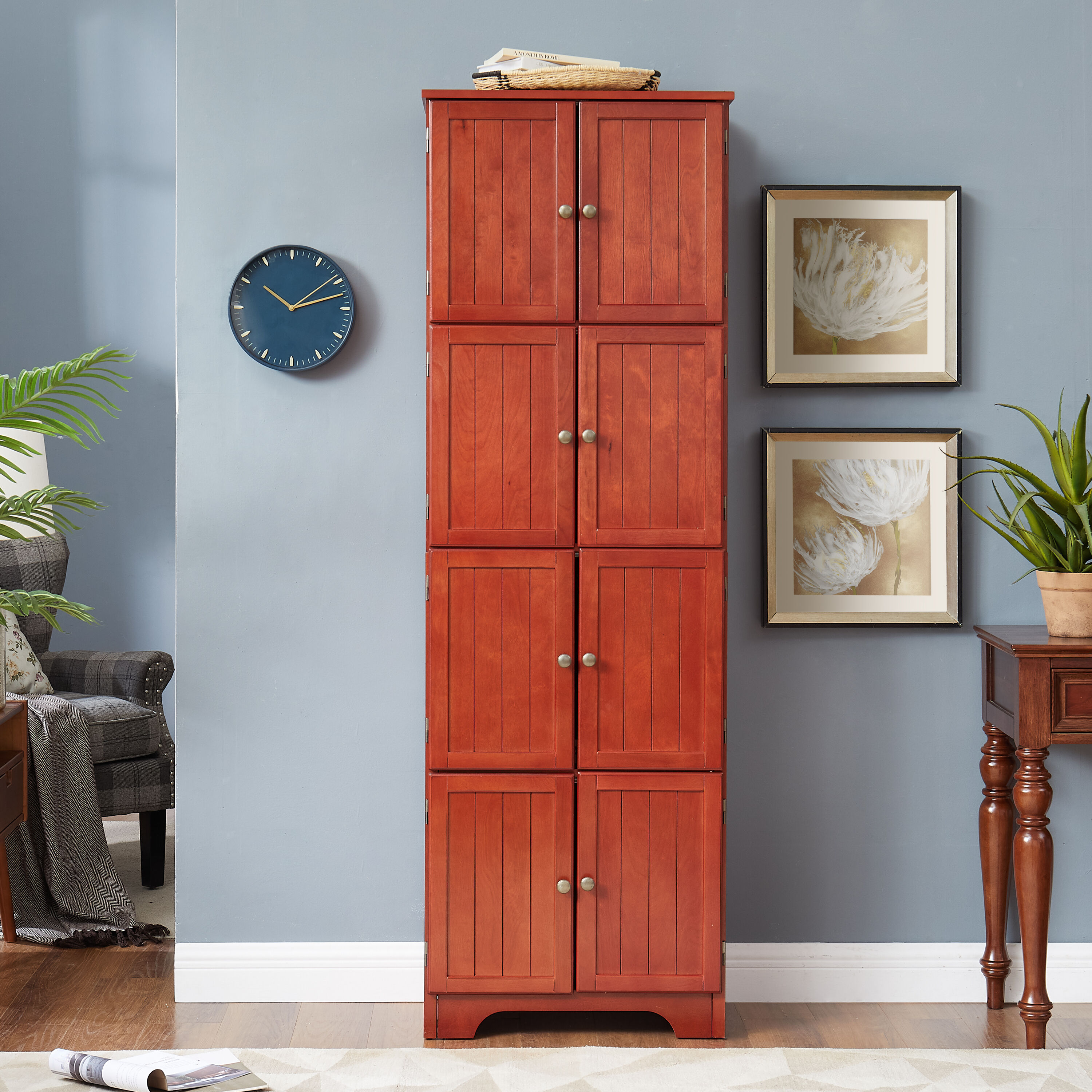 Tatayosi XH-8P211011 XJ Storage Cabinet Tall Storage Cabinet with 8 Doors and 4 Shelves Bookshelf Living Room Kitchen Dining Room Office Freestanding Storage Cabinet Cherry