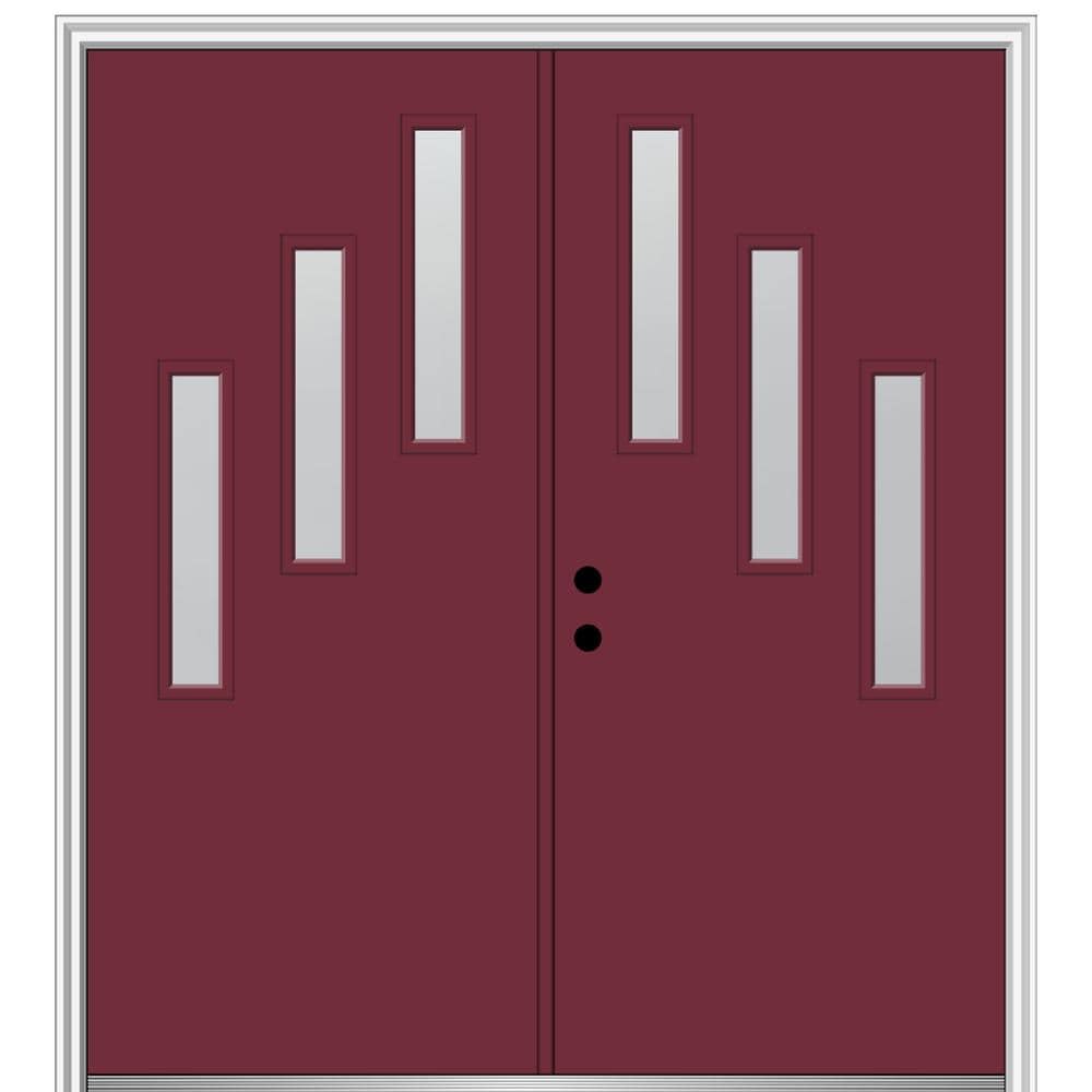 MMI DOOR ZZ350845R Spotlights 72-in x 80-in x 6-9/16-in Fiberglass Pulse lite Right-hand inswing Burgundy Painted Prehung Double Front Door with Brickmould Insulating core