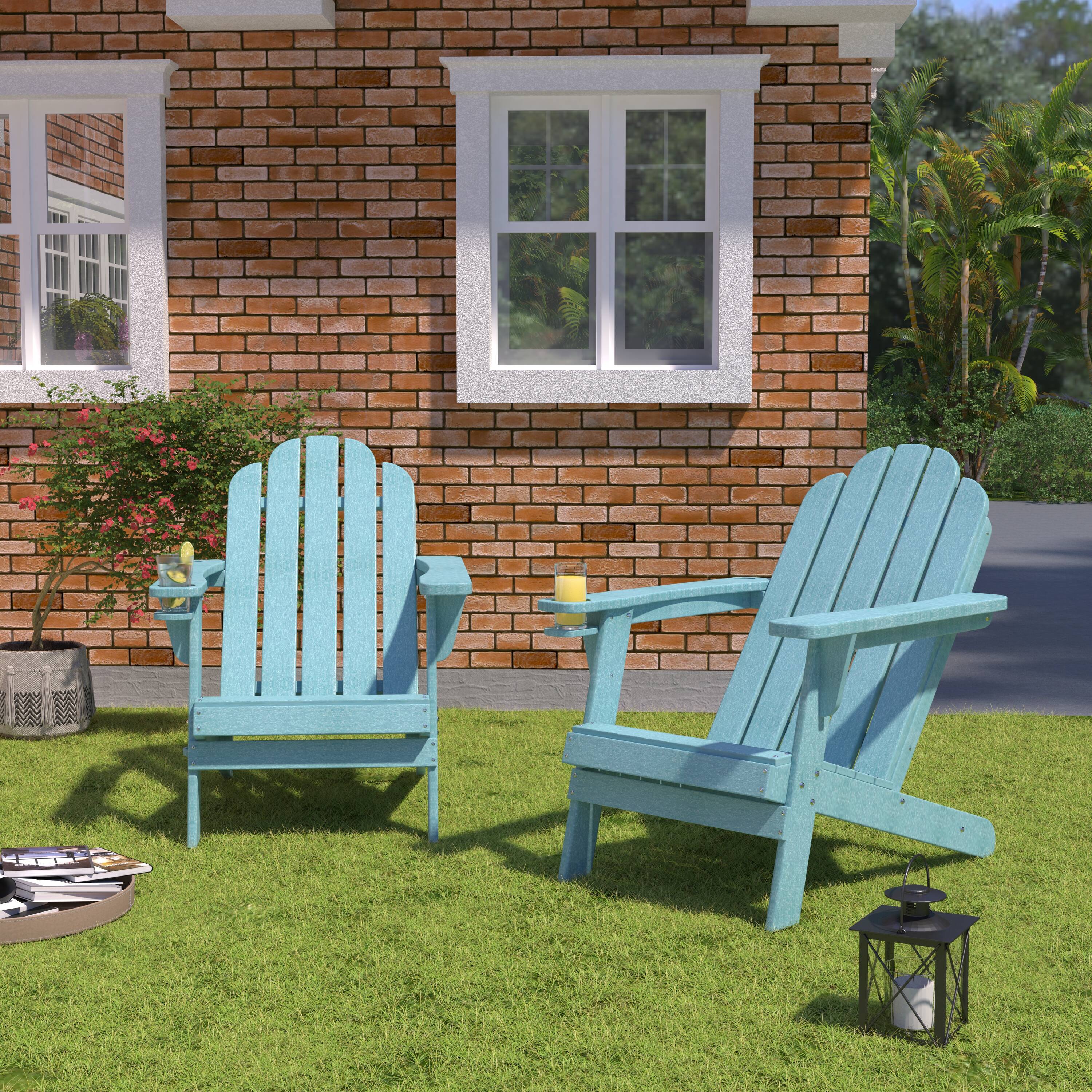 Mondawe MA-GCS038BK Set of 2 Turquoise HDPE Frame Stationary Adirondack Chair with Slat Seat