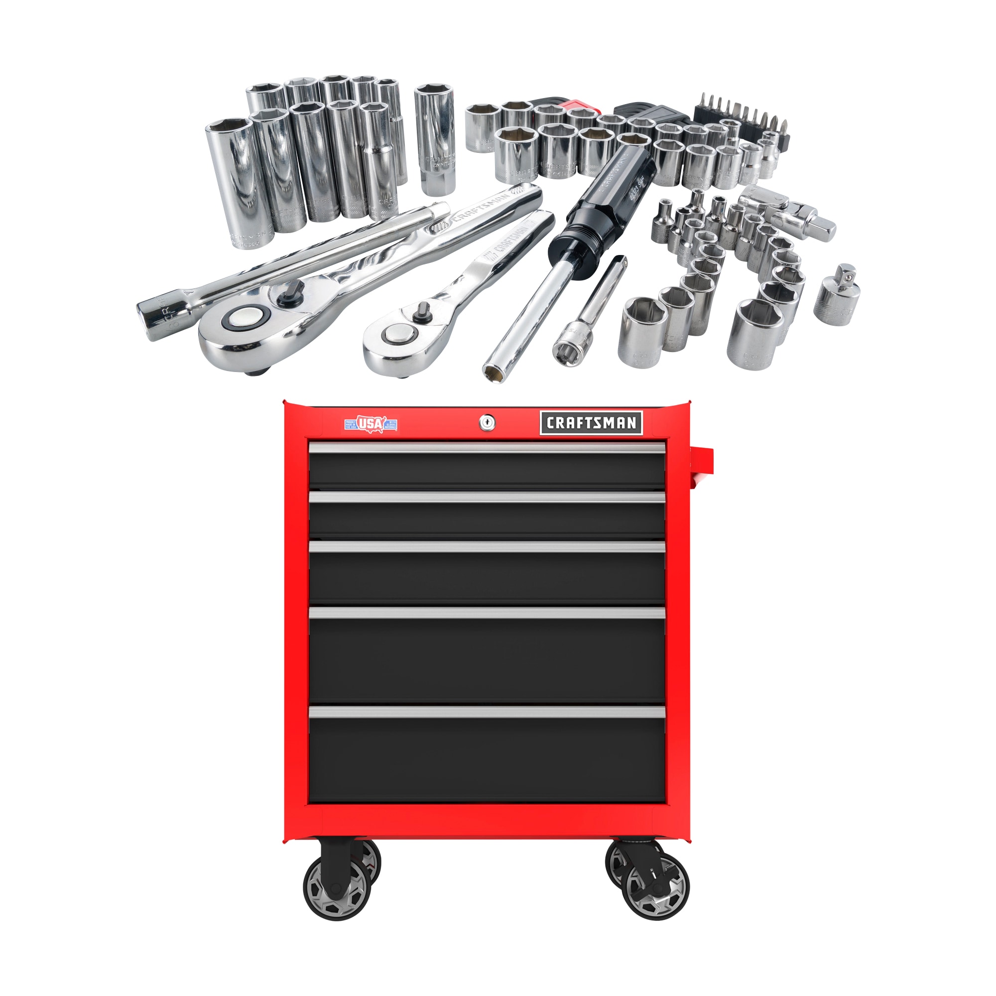 CRAFTSMAN 2000 Series 26.5-in W x 34-in H 5-Drawer Steel Rolling Tool Cabinet (Red) & 83-Piece Standard (SAE) and Metric Combination Polished Chrome