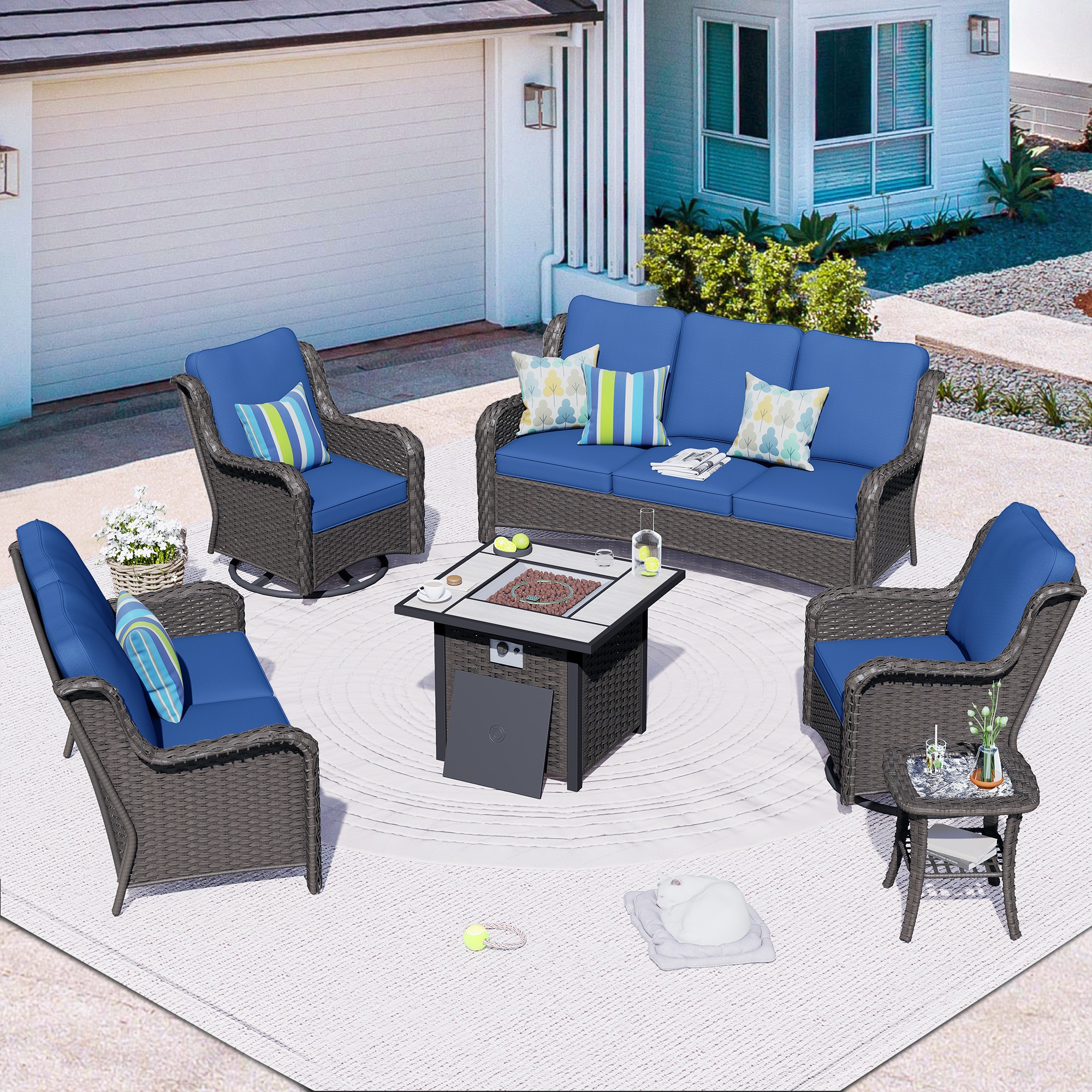 Pouuin SFPYZNTC705 5 -Piece Wicker Patio Sofa Conversation Set with Navy Cushions