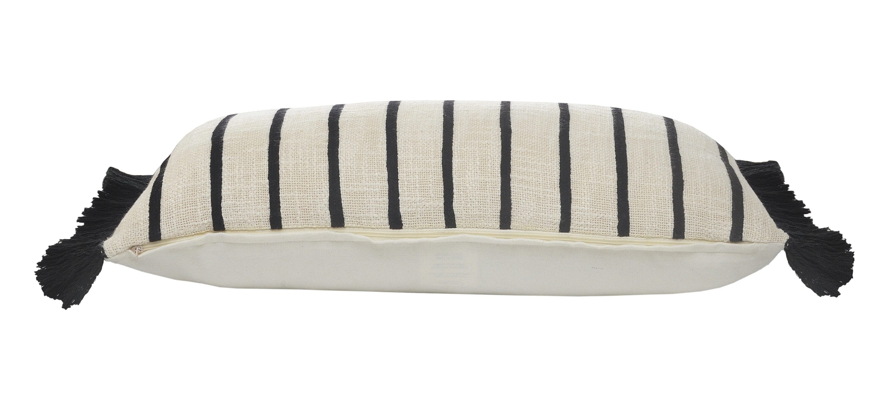 Ivory and Black Striped Cotton Fringe Throw Pillow 28" x 12"