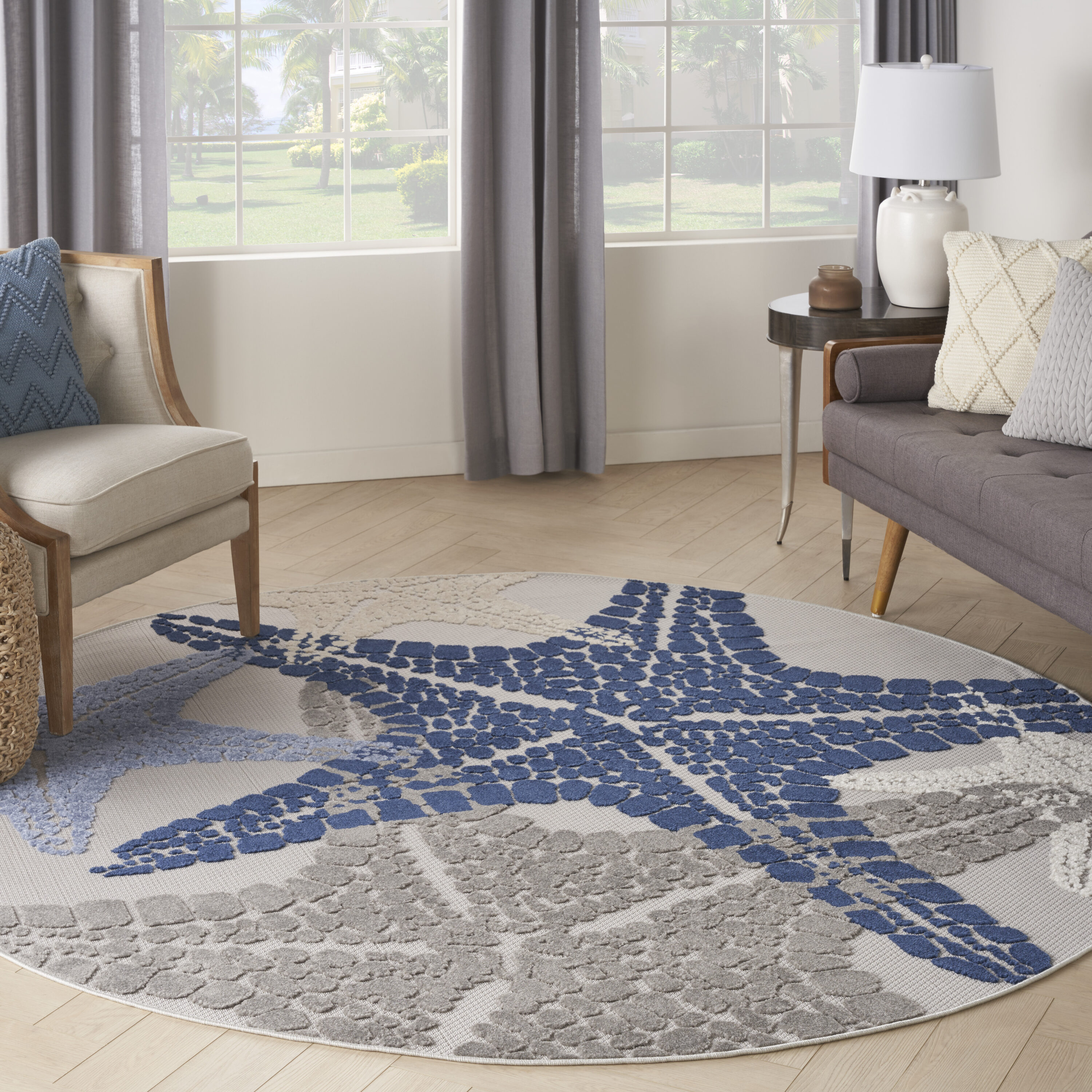 Nourison 099446136572 Aloha 8 x 8 (ft) Loomed Polypropylene Grey/Multi Round Indoor/Outdoor Animal print Coastal Area rug