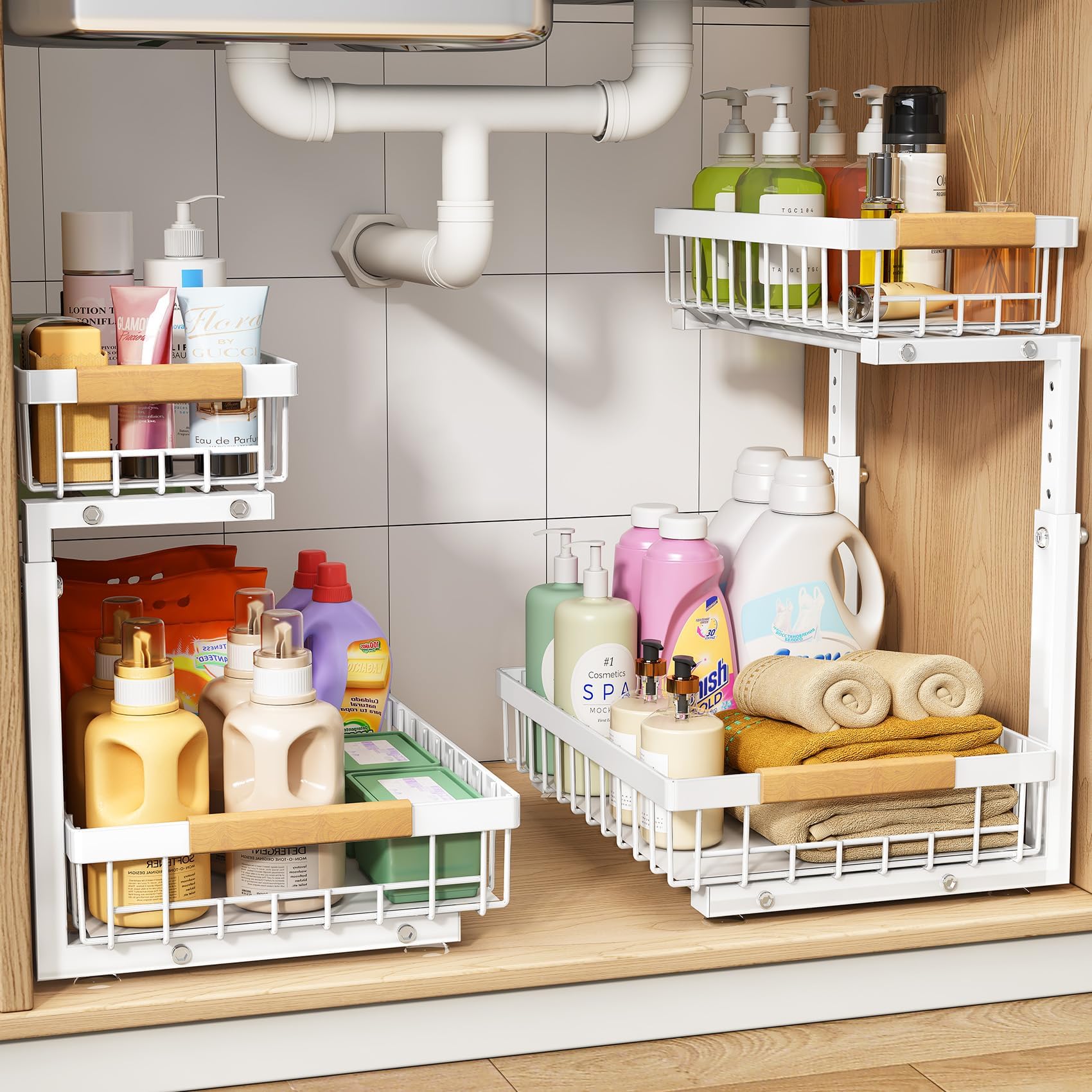 Phewnyzo  2 pack under sink organizer adjustable height two tier pull out metal storage shelf C shaped design for kitchen bathroom laundry
