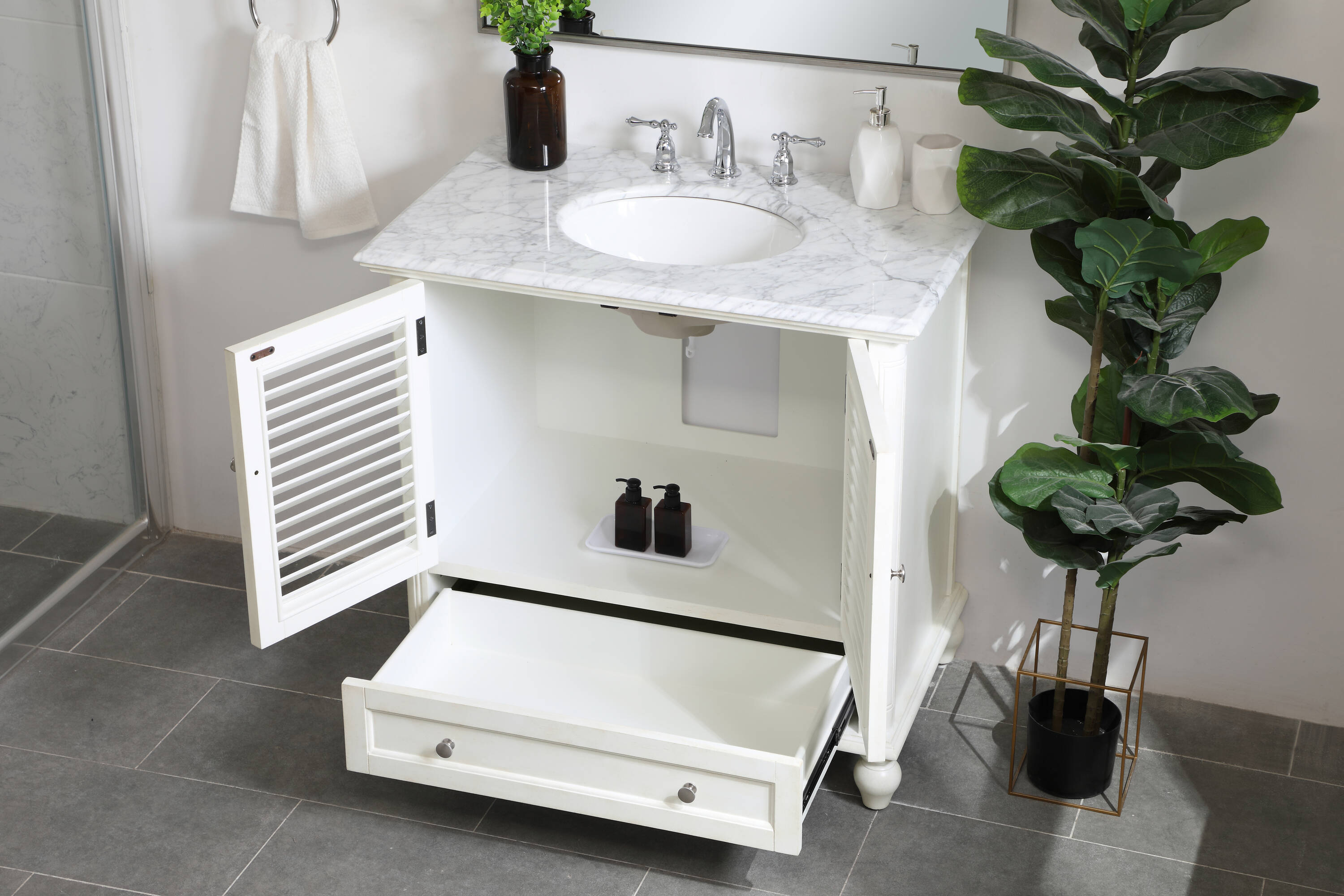 Rhodes 36" Coastal White Single Bathroom Vanity with Marble Top