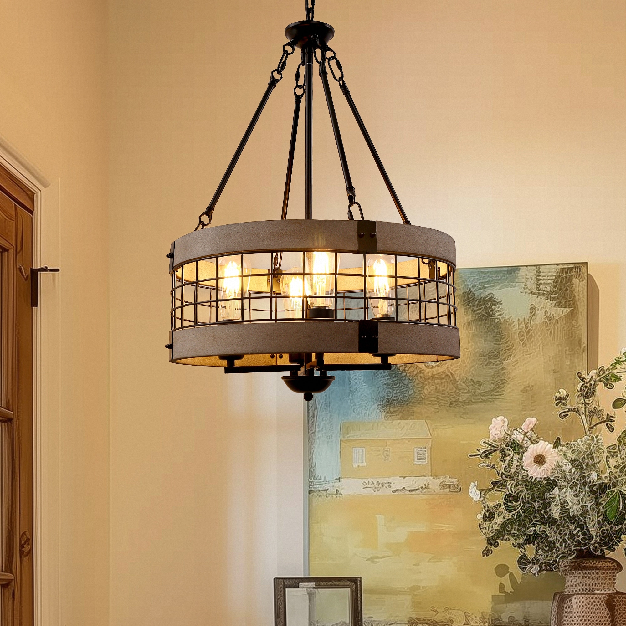 YANSUN LA-ZY-ZX16301CGY-11 4 -Light Gray Industrial Cage For Use in Bedrooms, Dining Rooms, Foyers, Kitchens, Living Rooms Chandelier