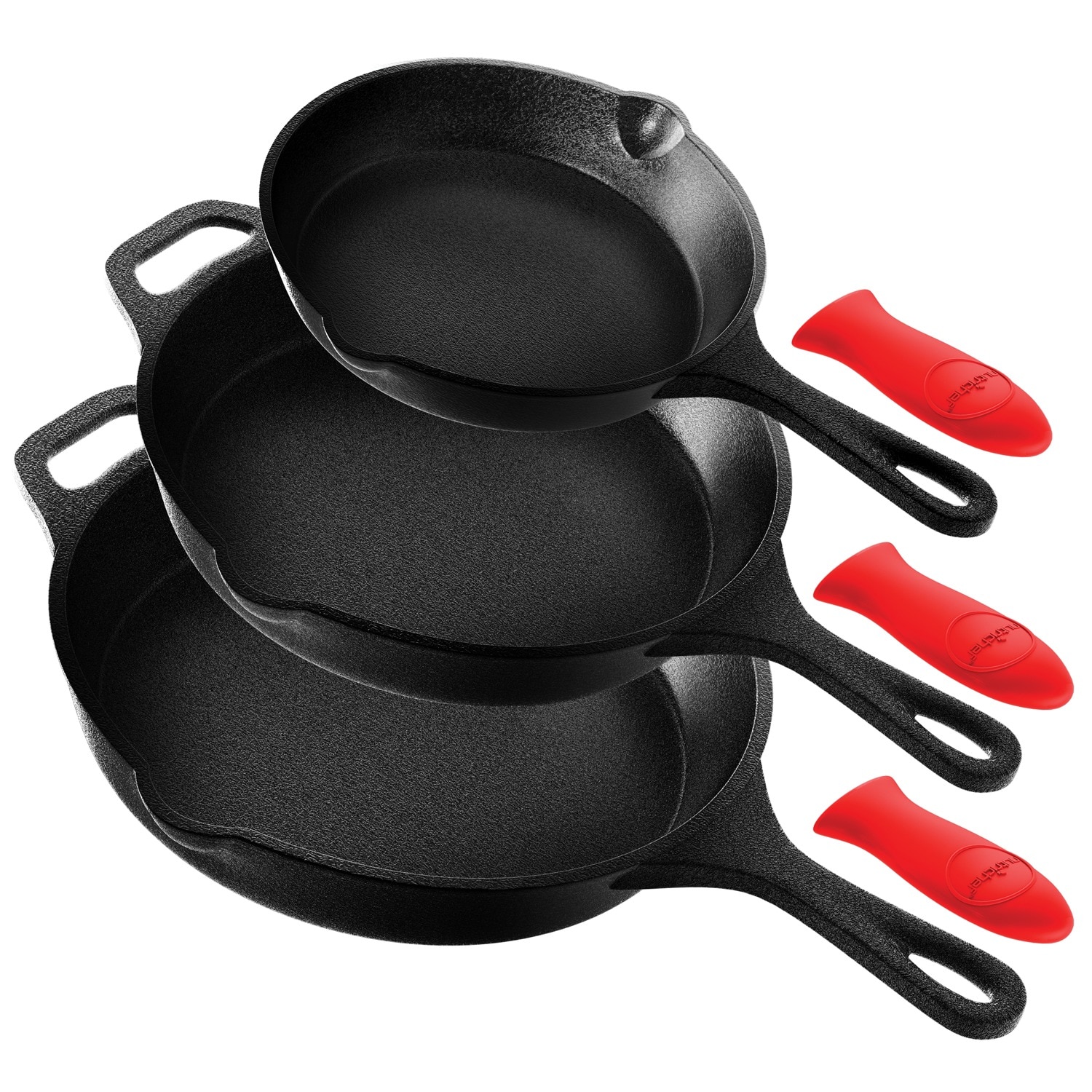 MegaChef Pre-Seasoned 9 Piece Cast Iron Skillet Set with Lids and Red  Silicone Holder 