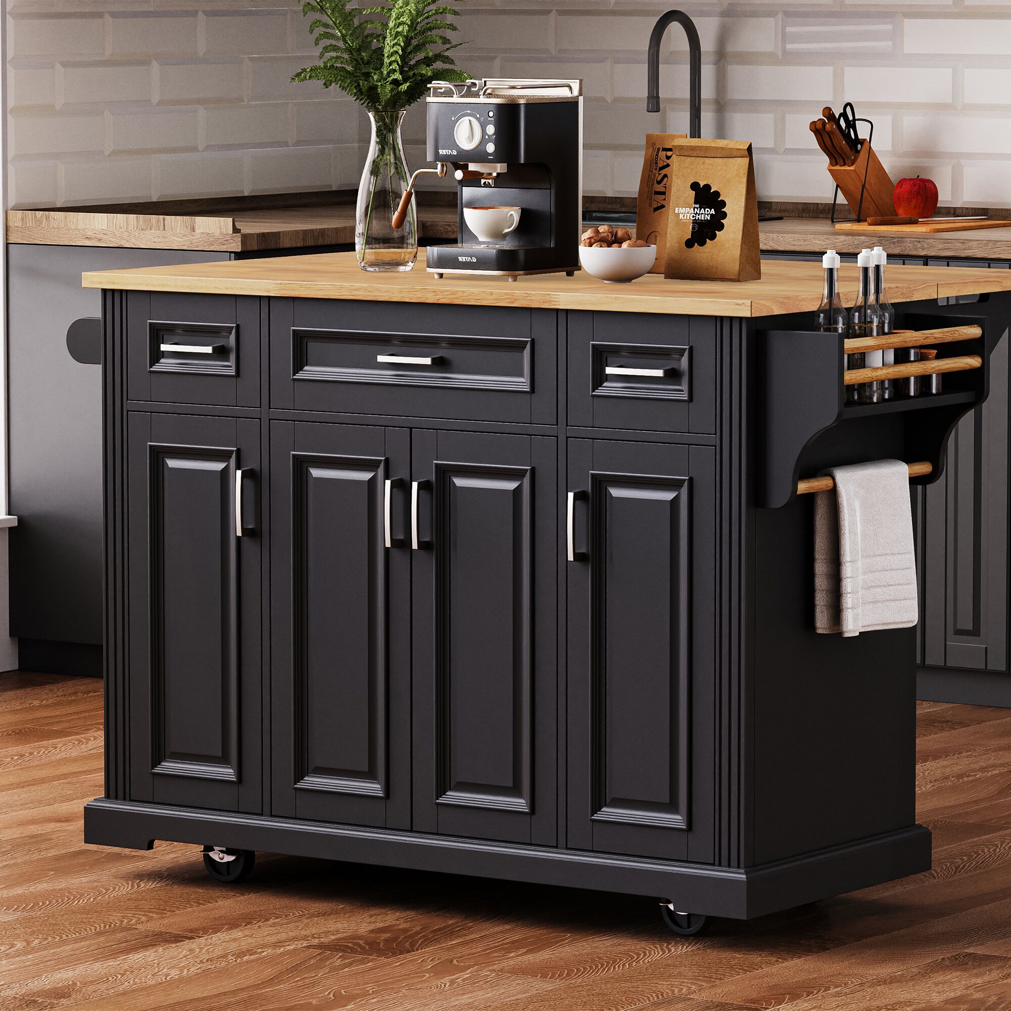 Fun Orange Black MDF Base with MDF Wood Top Rolling Kitchen Island ( 29.5-in x 54.1-in x 35.9-in )
