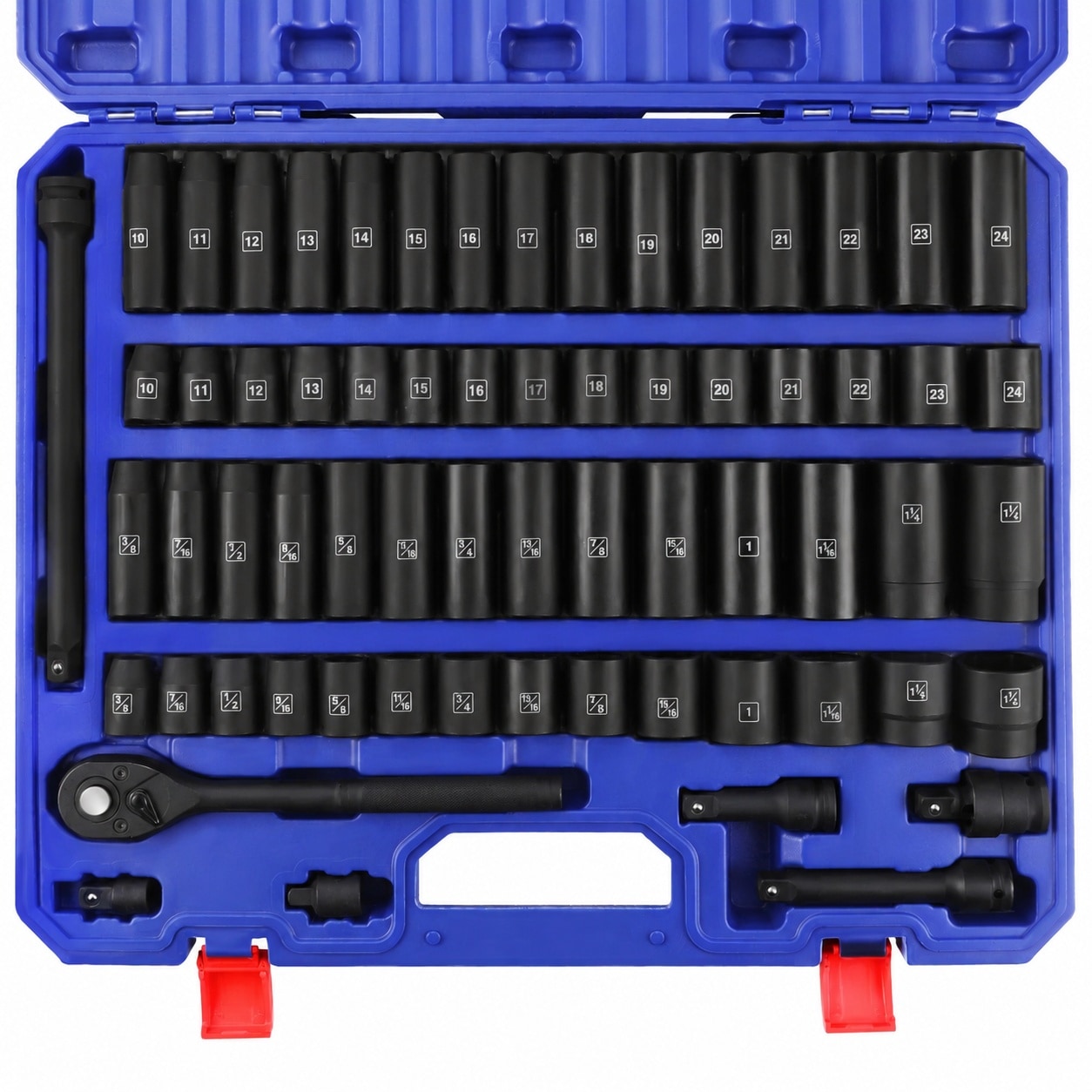 UUDULY  65 Piece Impact Socket Set 1/2 Drive SAE and Metric Deep and Shallow Sockets Ratchet Handle Extension Bars Universal Joint and Adapters
