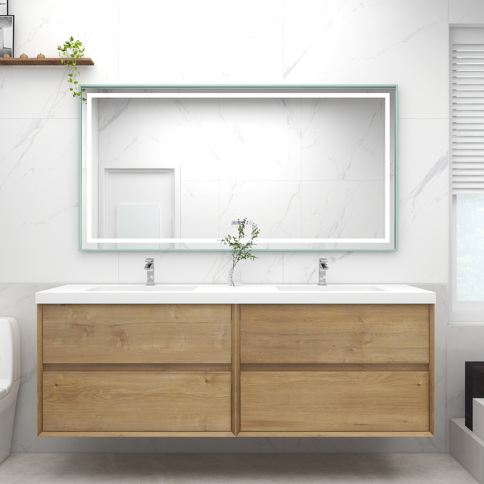 BV Better Vanity SLIM72D-OAK Kingdee 72-in Teak Oak Double Sink Floating Bathroom Vanity with White Acrylic Top